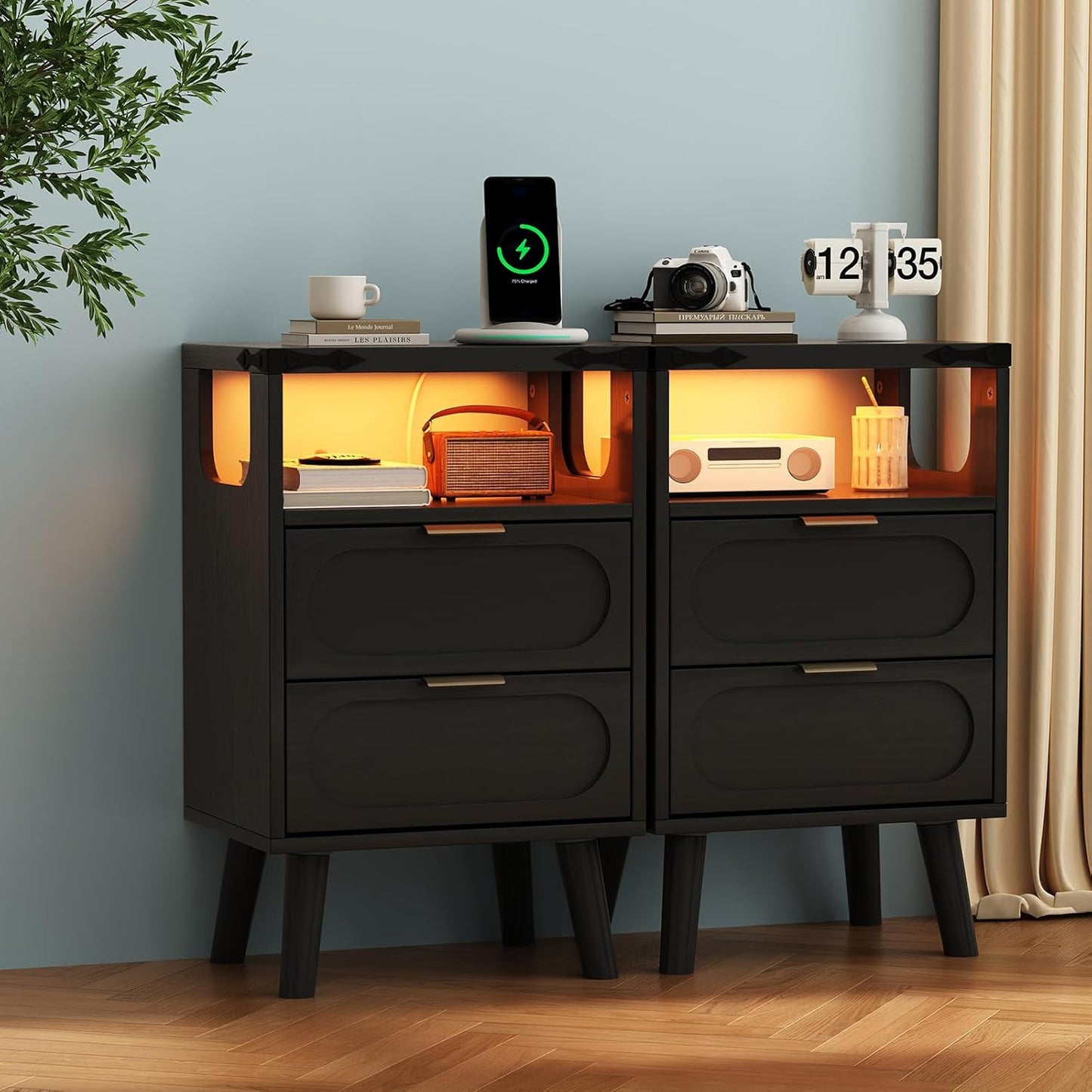 Smart LED Nightstand with Charging Station, Side Table with 2 Wooden Drawers, End Table with Open Shelf, Night Stand for Bedroom, Black