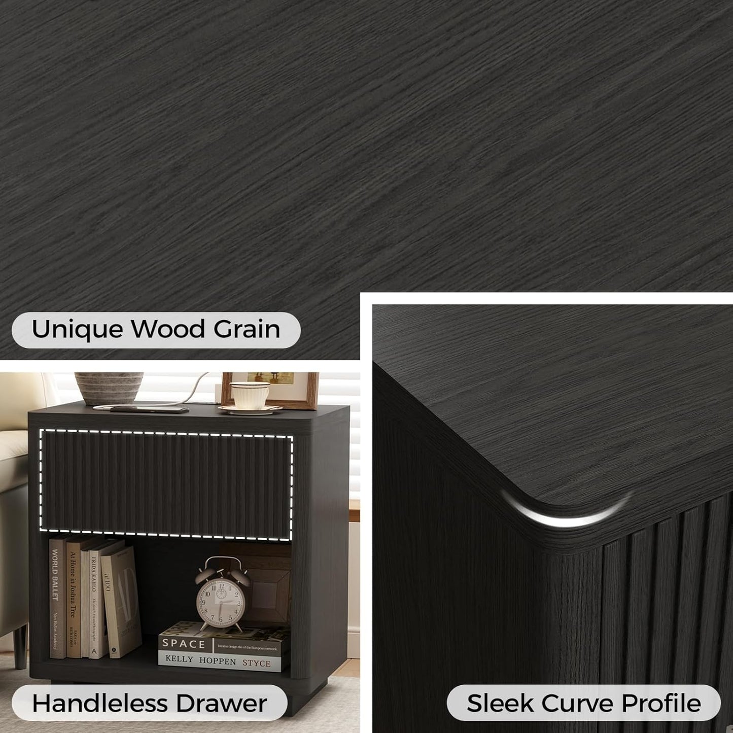 Fluted Nightstand with Charging Station, Modern Bedroom Furniture Side Table, Drawers & Open Shelf, Curved Profile Design, End Table Wood Organizer for Bedroom(Black)