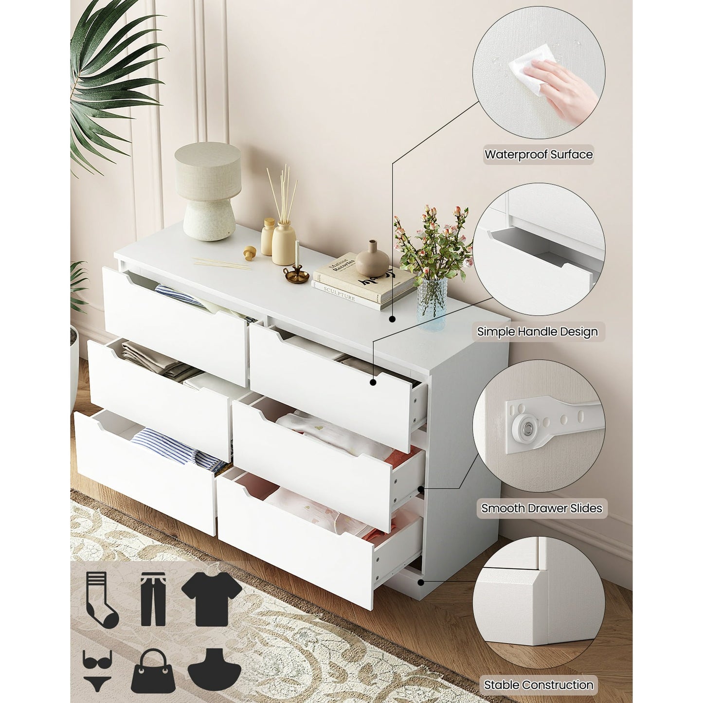 NEGYLIM 6 Drawer Dresser, Chest of Drawers for Bedroom, Modern Storage Cabinet Dresser Organizer Unit for Living Room, Closet, Hallway