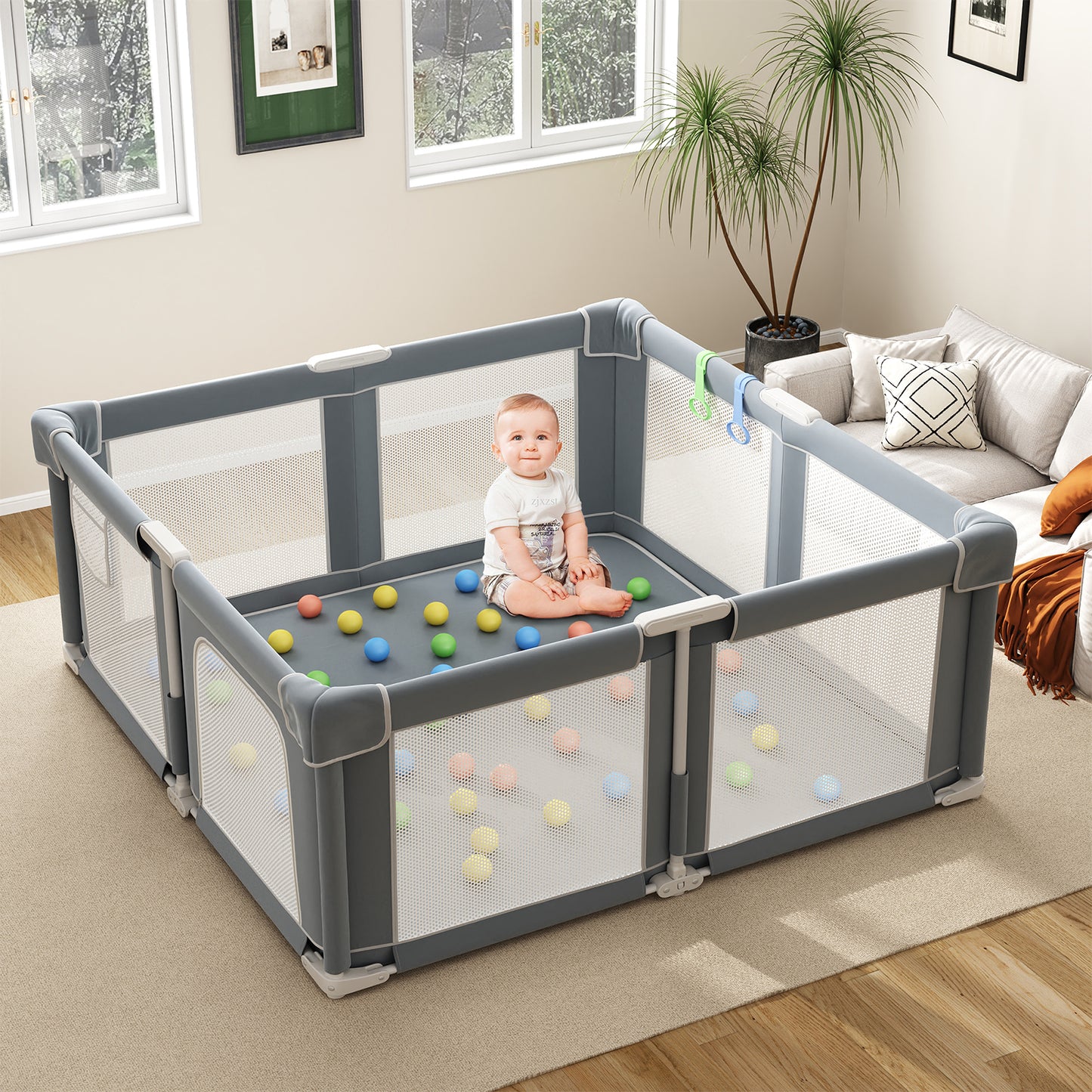 Baby Playpen 51" x 51", Play Pens for Babies and Toddlers Baby Fence Play Yards for Indoor & Outdoor with Breathable Mesh Anti-Fall Playpen, Gray