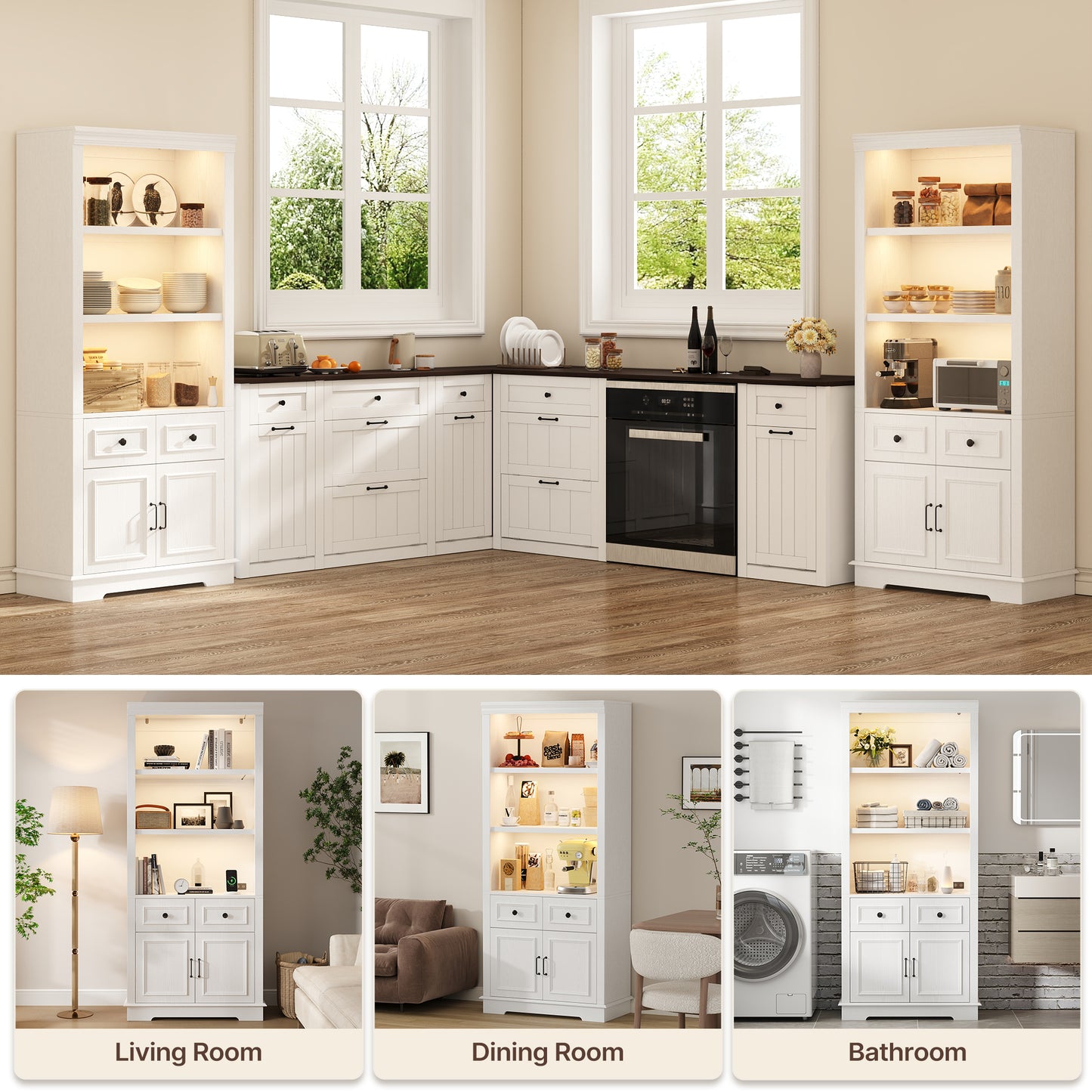 Negylim 71” Tall Lighted Coffee Bar Cabinet, Farmhouse White Pantry Storage Hutch with Built-in LED Strip Lights, 3 Open Display Shelves, 2 Pull-Out Drawers & Closed Storage Cupboard