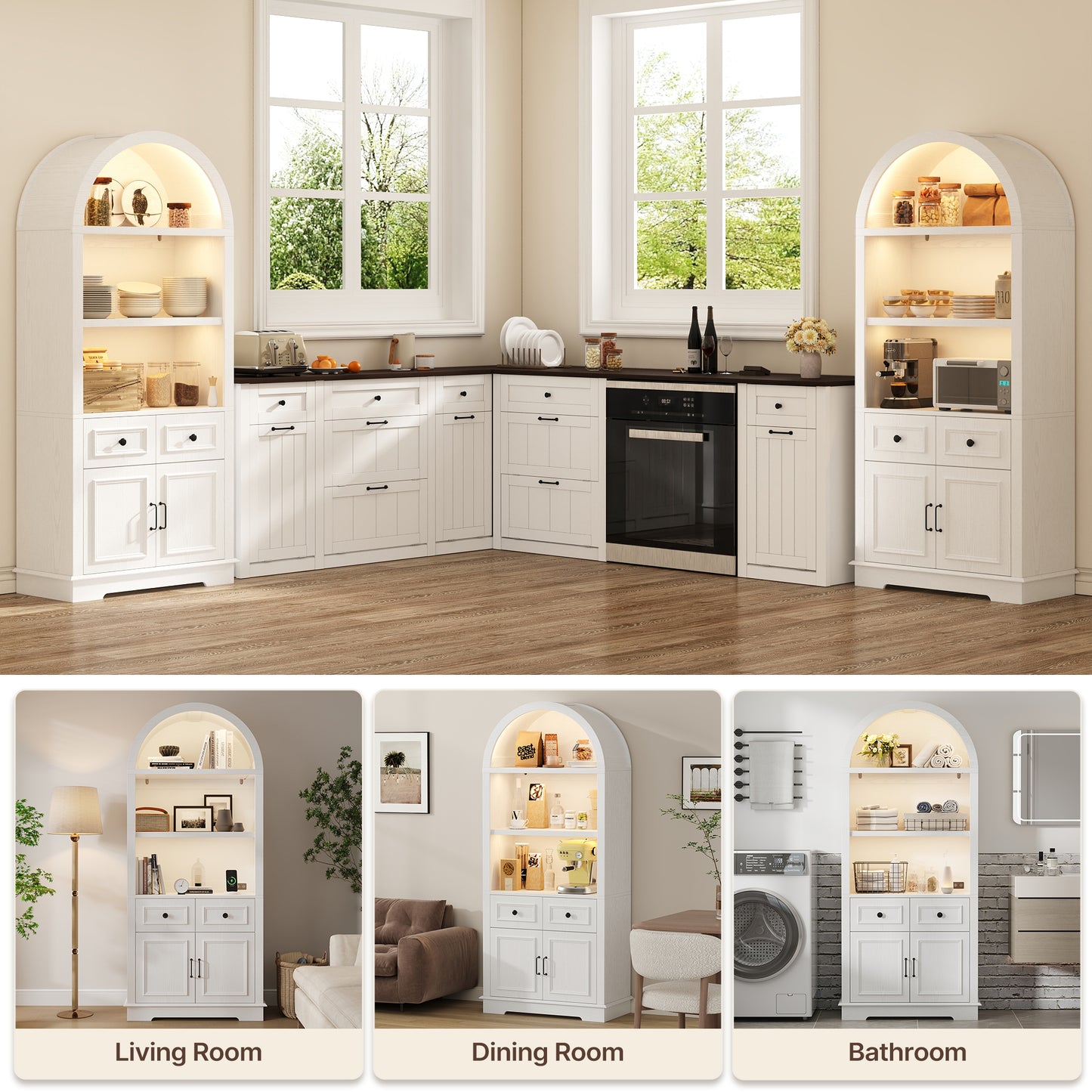 Negylim White Arched Display Coffee Station Cabinet with LED Lights, Freestanding Wooden Storage Unit with Open Shelving, Drawers & Enclosed Cabinet for Kitchen & Living Room Beverage Organizer