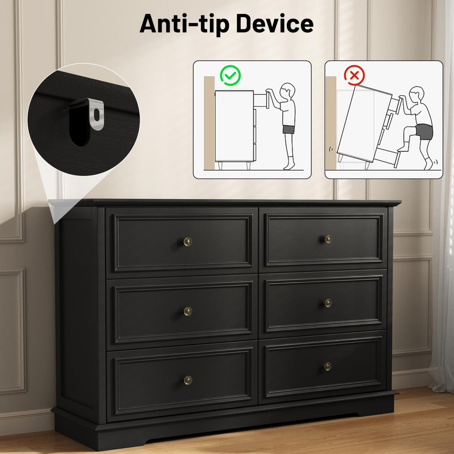 NEGYLIM 6 Drawer Dresser, Chest of Drawers for Bedroom, Modern Storage Cabinet Dresser Organizer Unit with Antique Bronze Round Handles for Living Room, Closet, Hallway, Entryway