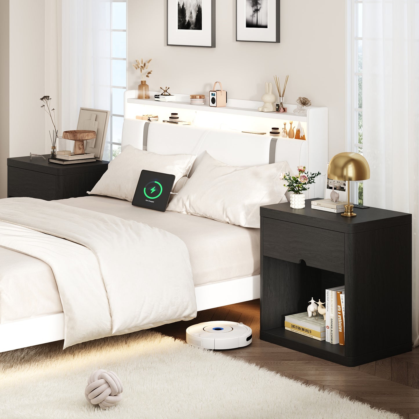 NEGYLIM 24" Wood Nightstand with USB Charging Station, Bedside Table with Safe Rounded Corners & Crescent Handles – Sturdy End Table for Bedroom, Living Room, Nursery (Black, 1-Piece)
