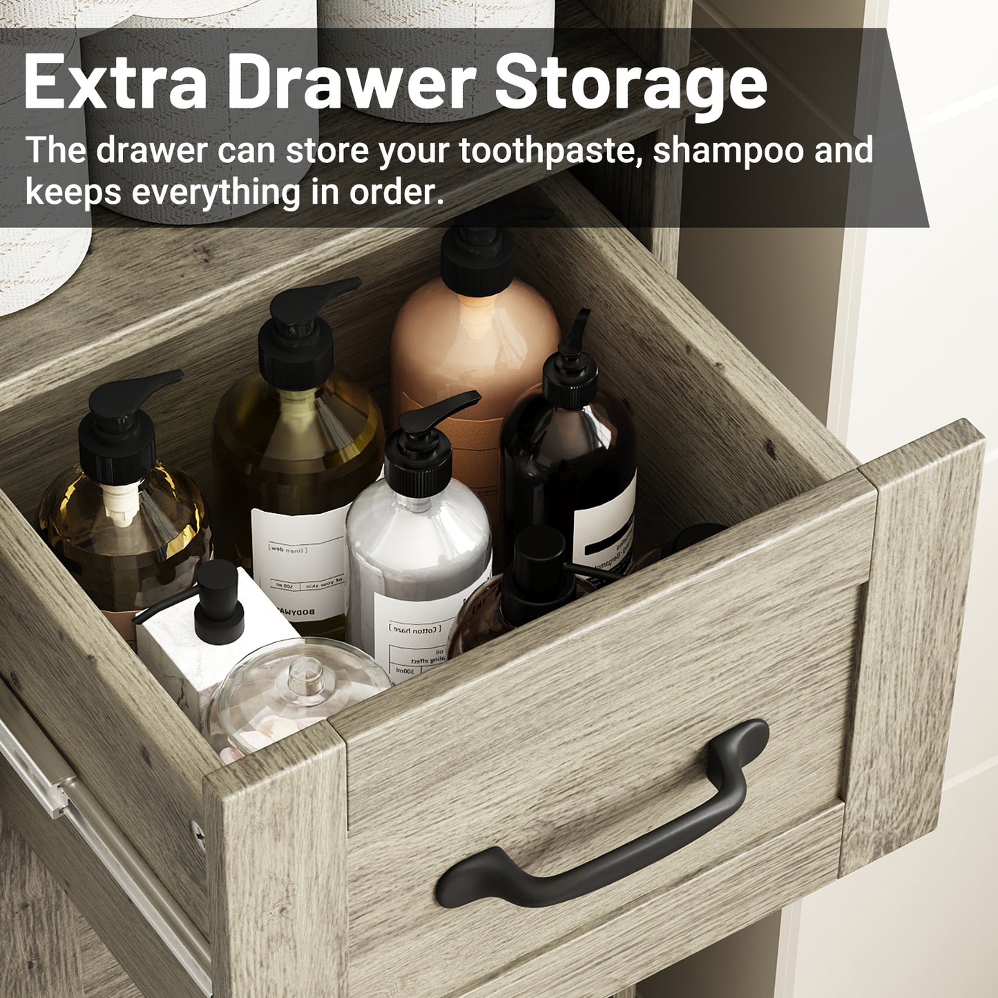 63” Tall Bathroom Storage Cabinet, Freestanding Linen Cabinet, Narrow Bathroom Storage with Barn Door and Drawer, Gray