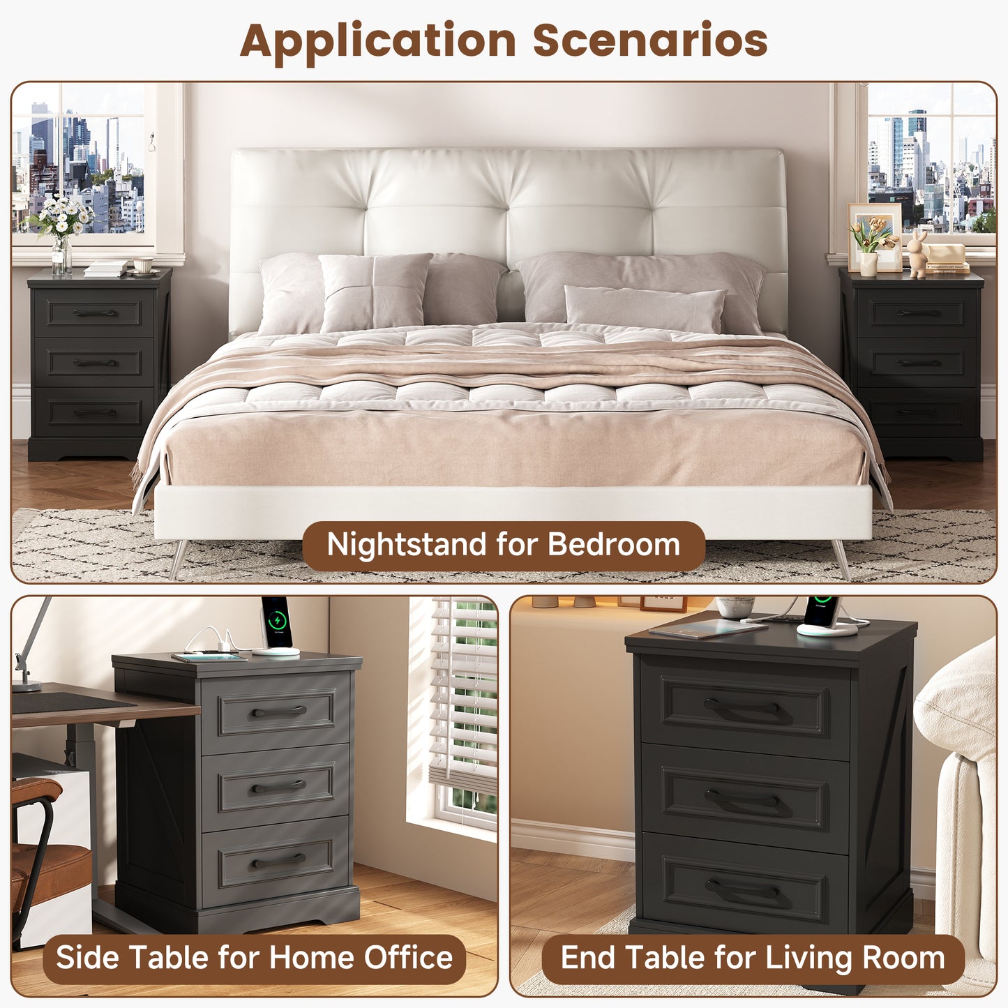 NEGYLIM Nightstand, Farmhouse End Table with Charging Station, 3 Drawers Storage for Bedroom