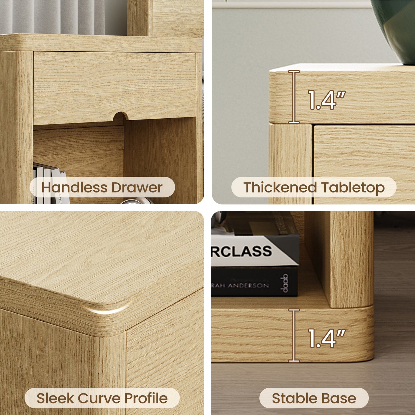Set of 2 Wood Nightstands with USB Charging Station, 24" Bedside Tables with Safe Rounded Corners & Crescent Handles - Sturdy End Tables for Bedroom, Living Room, Nursery (Wood, 2-Piece Set)