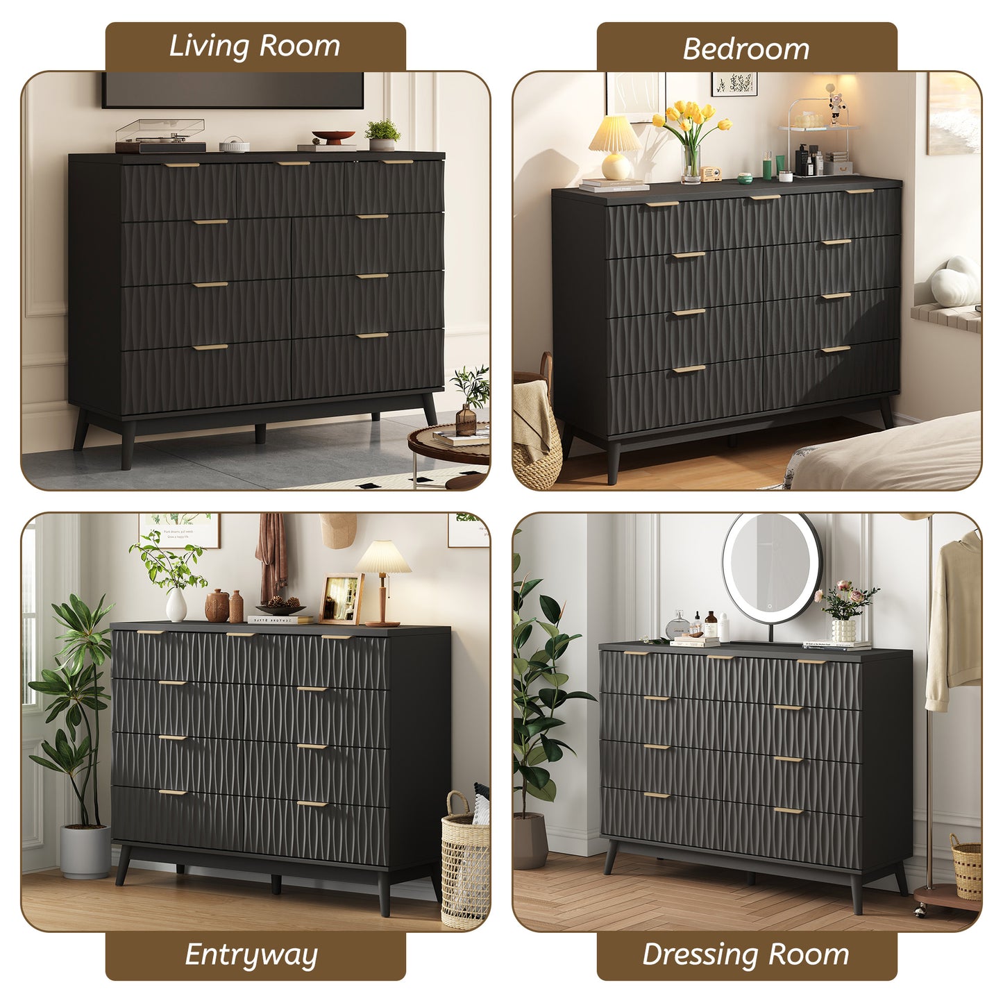 NEGYLIM 47" Wood Dressers with 9 Drawers for Bedroom, Fluted Wood Dresser Chest of Drawers for Bedroom, Storage Cabinet for TV Stand, Living Room, Entryway, Black