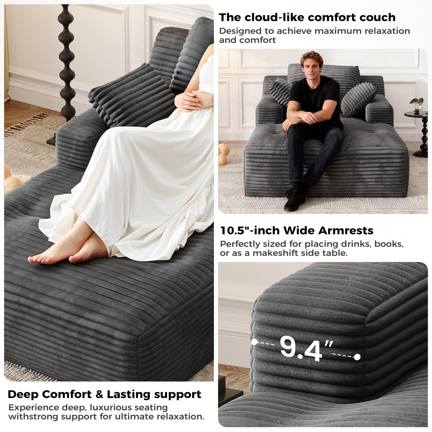 67'' Oversized Chaise Lounge Chair, Cloud Plush Corduroy Sofa Bed for Living Room, Modern Deep Seat Sleeper Couch with Back Cushion, No Assembly Required, (Charcoal)
