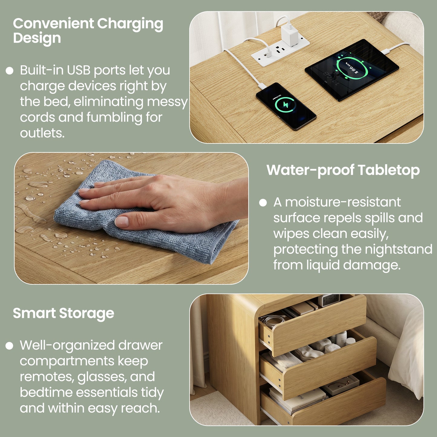 3 Drawers Modern Nightstand with Charging Station, Bedside Table for Bedroom and Living Room, Large Storage End Table with Curved Design, Natural