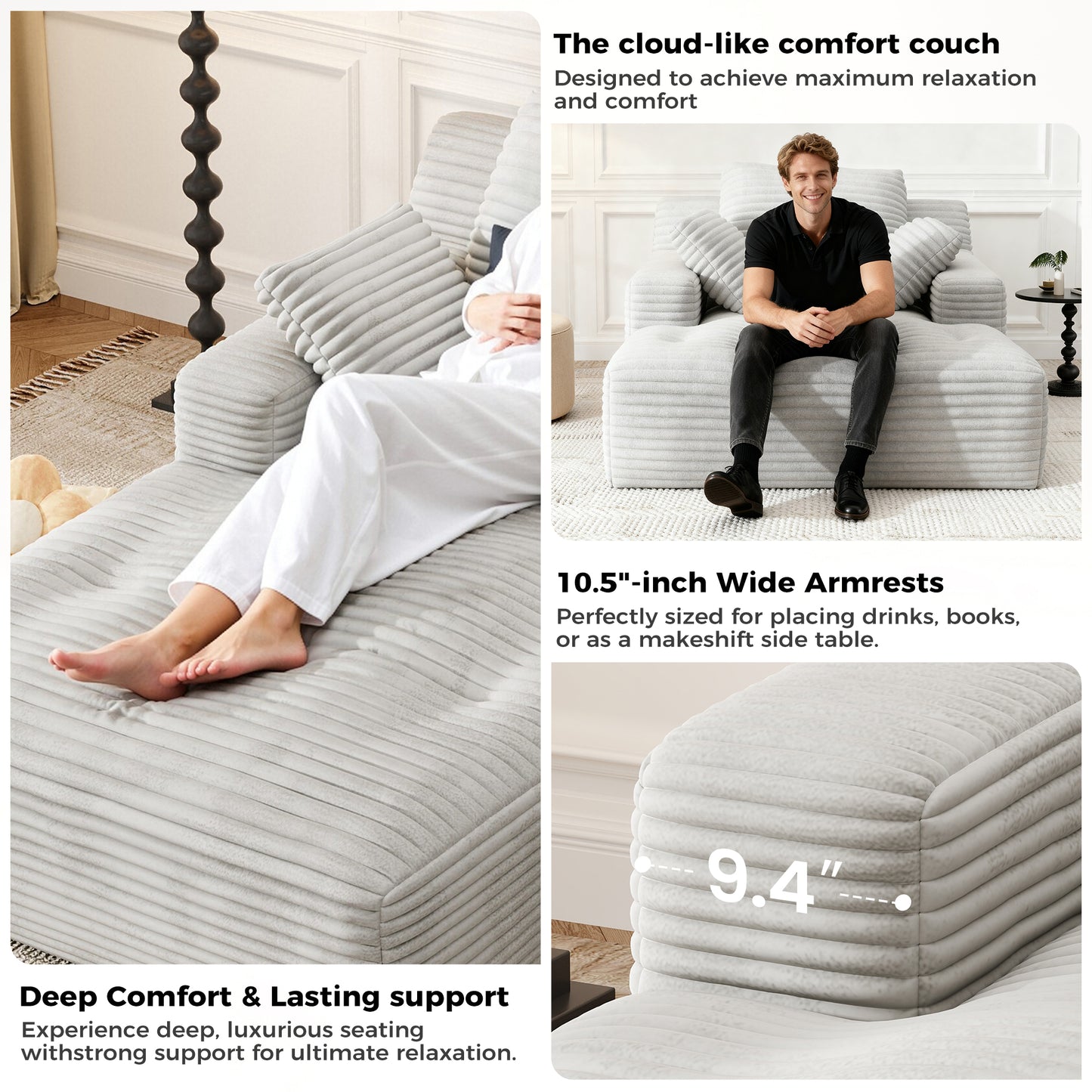 67'' Oversized Chaise Lounge Chair, Cloud Plush Corduroy Sofa Bed for Living Room, Modern Deep Seat Sleeper Couch with Back Cushion, No Assembly Required, (Oyster White)