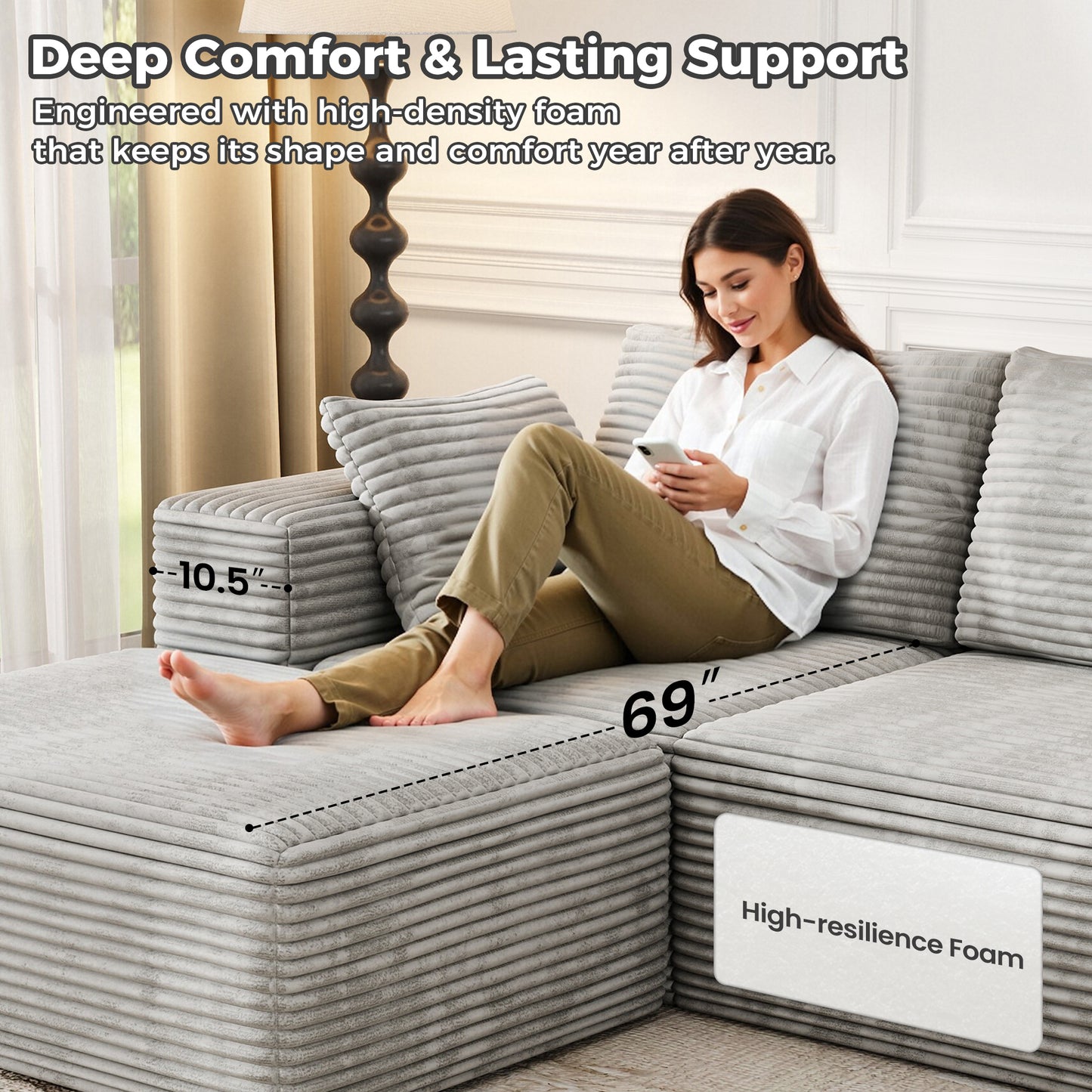 137 inch U-Shaped Sectional Sofa, Cloud-Like Big Modular Couch with Chaise, No Assembly Required, High Density Foam Never Sags, Soft Corduroy Fabric Sofa for Large Space, (White)