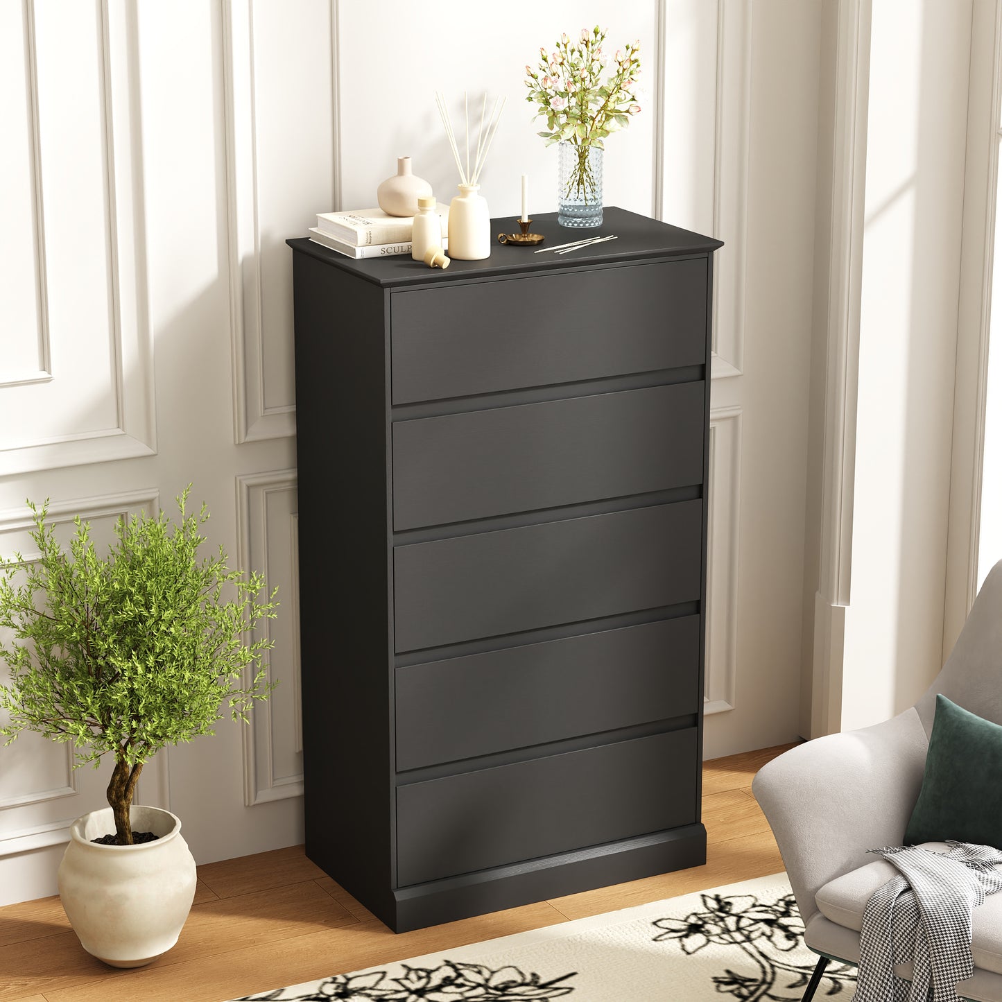 5 Drawer Dresser for Bedroom, 15.8" D x 27.6" W x 48.4" H in Simply Modern Chest of Drawers, Wood Storage Dresser with Deep Drawers for Living Room Hallway Entryway, Black