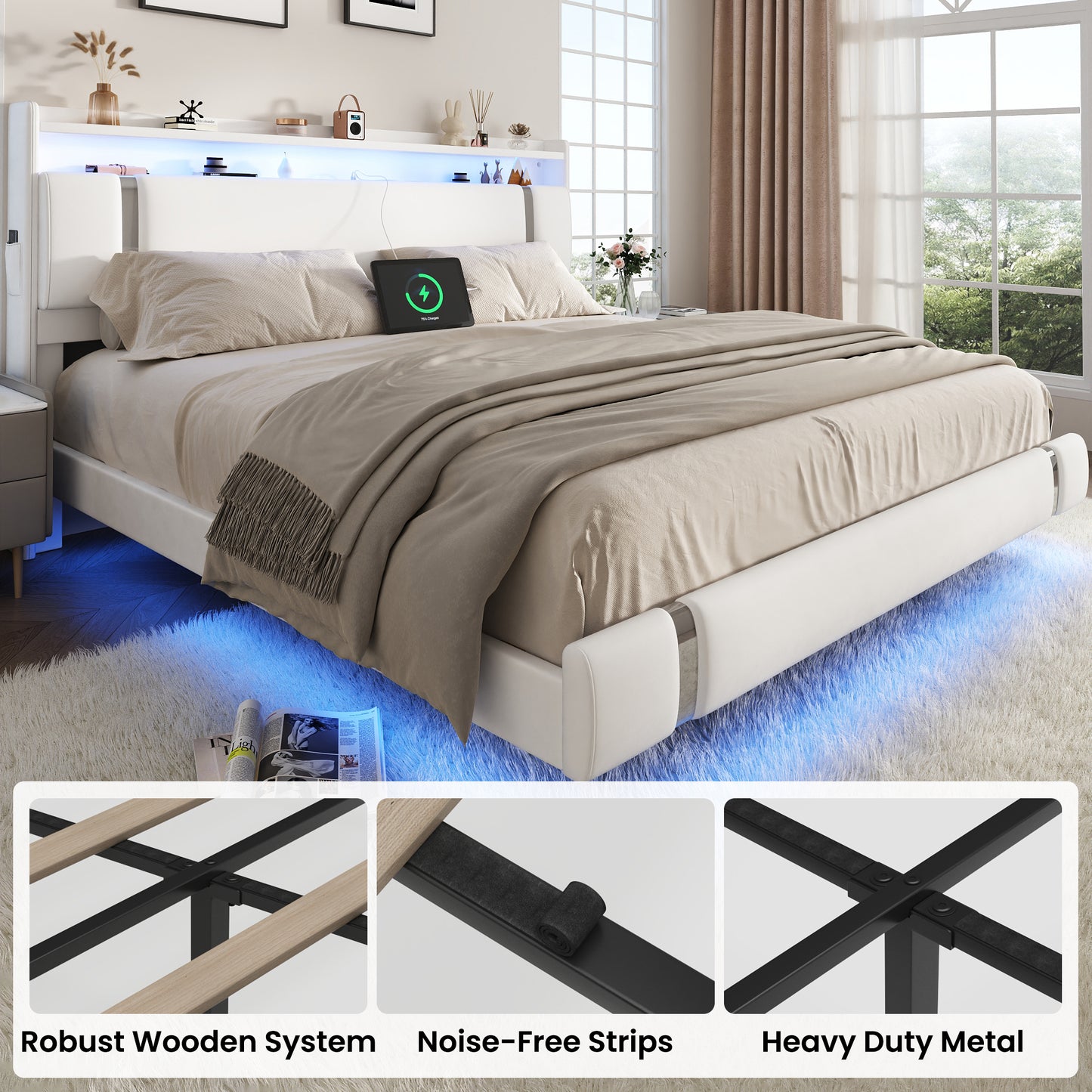 NEGYLIM Floating Bed Frame King Size with LED Lights, Easy to Assemble, Metal Platform Bed with Storage Headboard, No Box Spring Needed, White