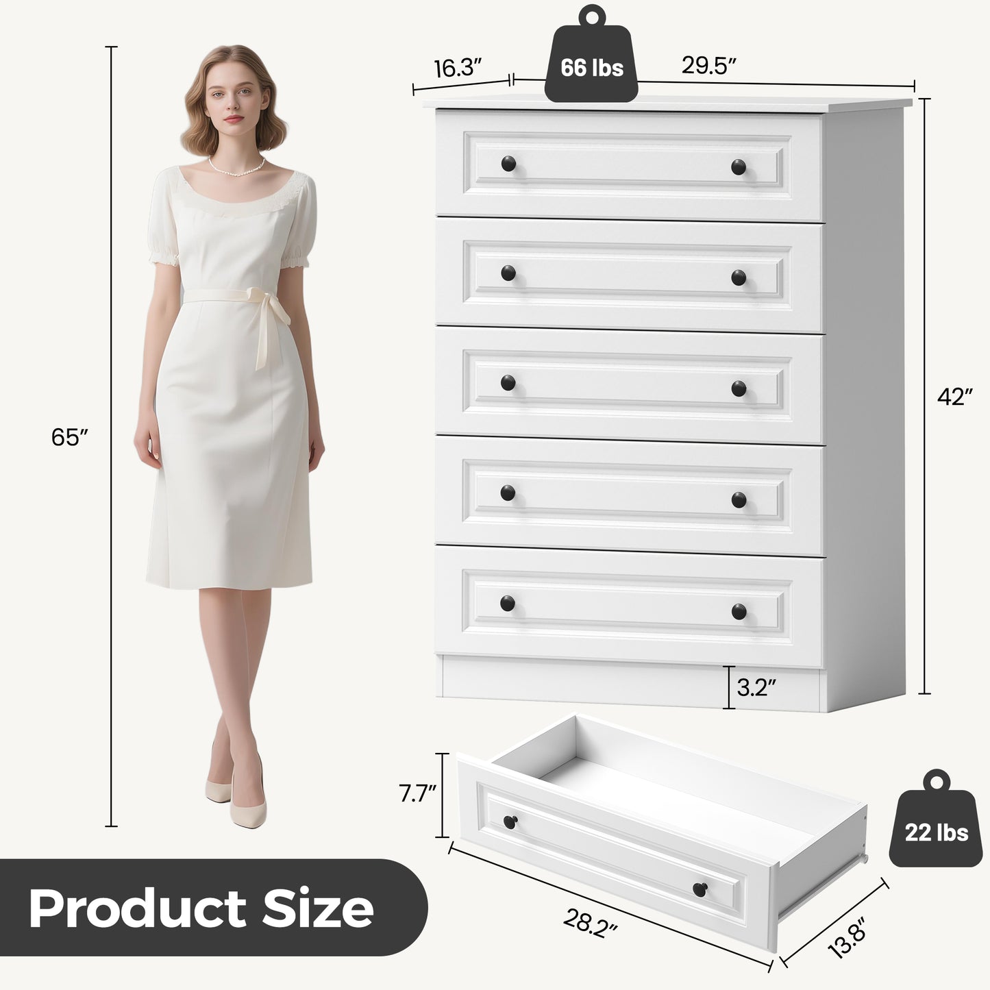 NEGYLIM 5 Drawer Dresser Tall, Modern White Chest of Drawers with Anti-Tip, Large Storage for Bedroom, Hallway, Entryway, (White)