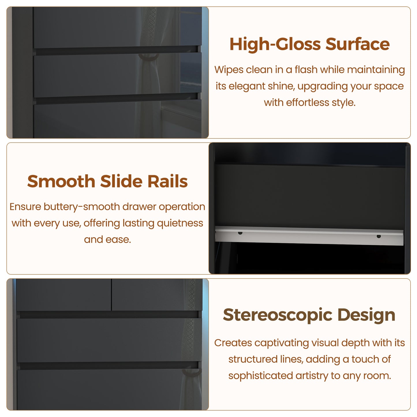 NEGYLIM 6 Drawer Black Dresser, High Gloss Dresser with LED Light for Bedroom, Living Room, Hallway, Easy Assembly