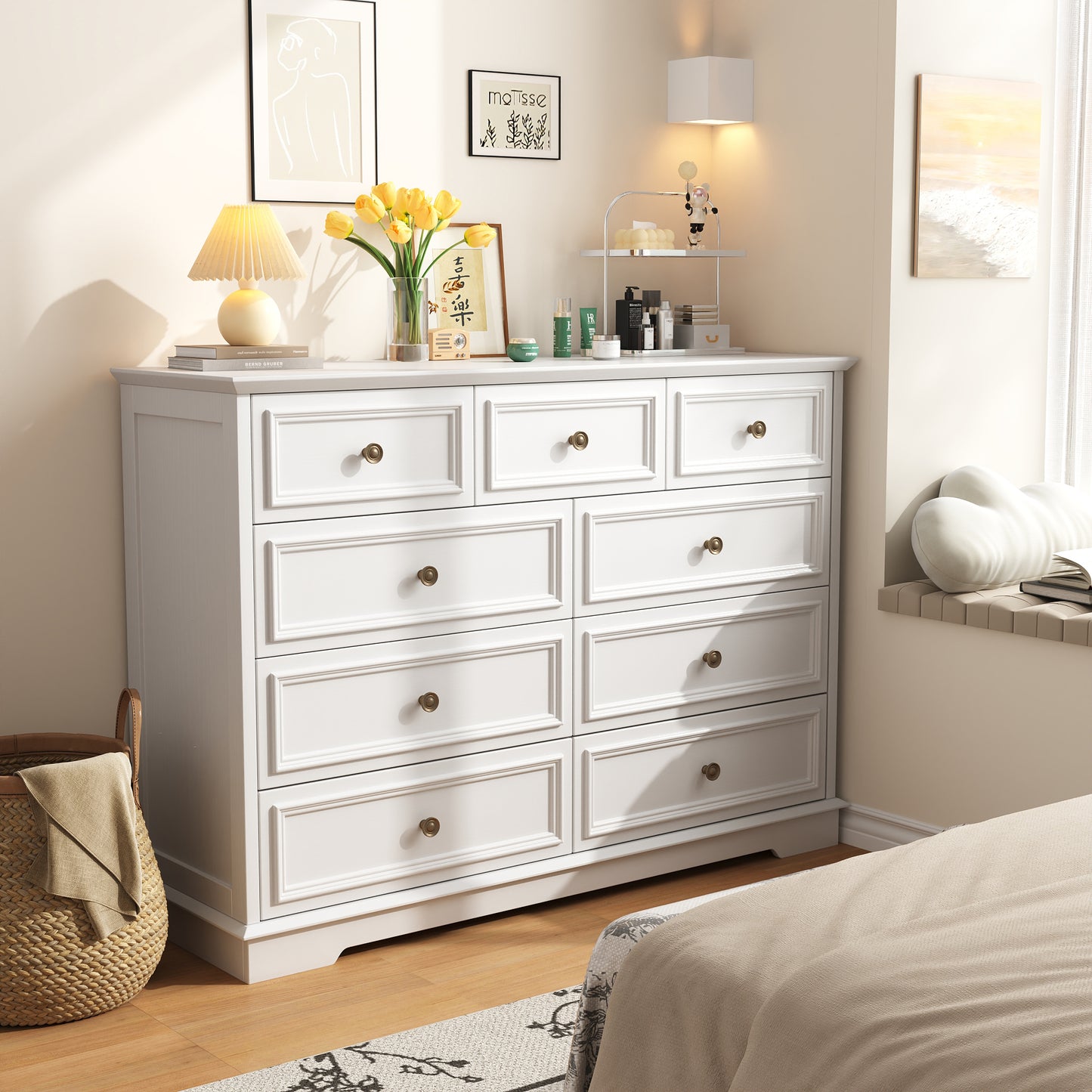 9 Drawer Dresser, Wood Chest of Drawers, Rustic-Style Dresser with Metal Handles, Tall Storage Dresser Organizer, Suitable for Bedroom, Closet, Living Room, Hallway and Entryway