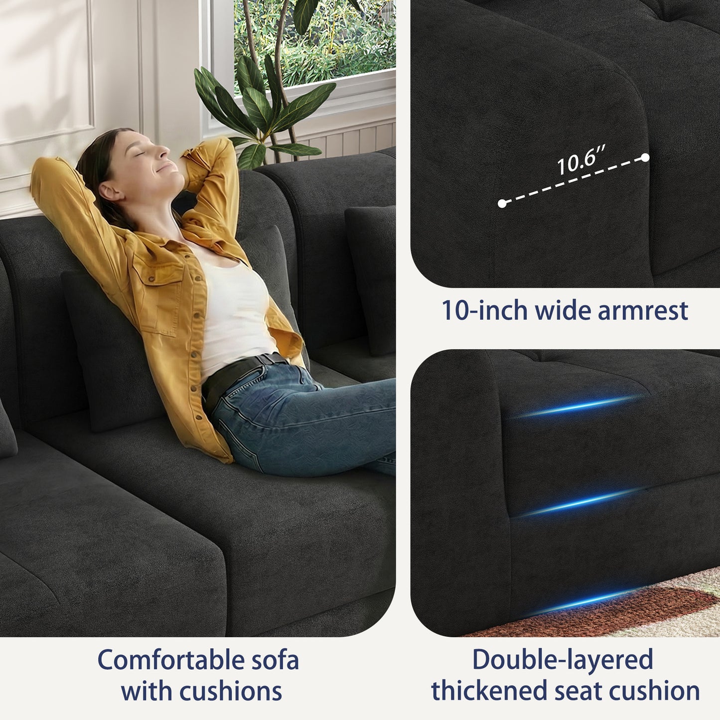 NEGYLIM 102" Modular Sectional Sofa, Chenille Cloud Sofa with Throw Pillows, Oversized Deep Seat Couch, Pet Friendly, No Assembly Required, Black