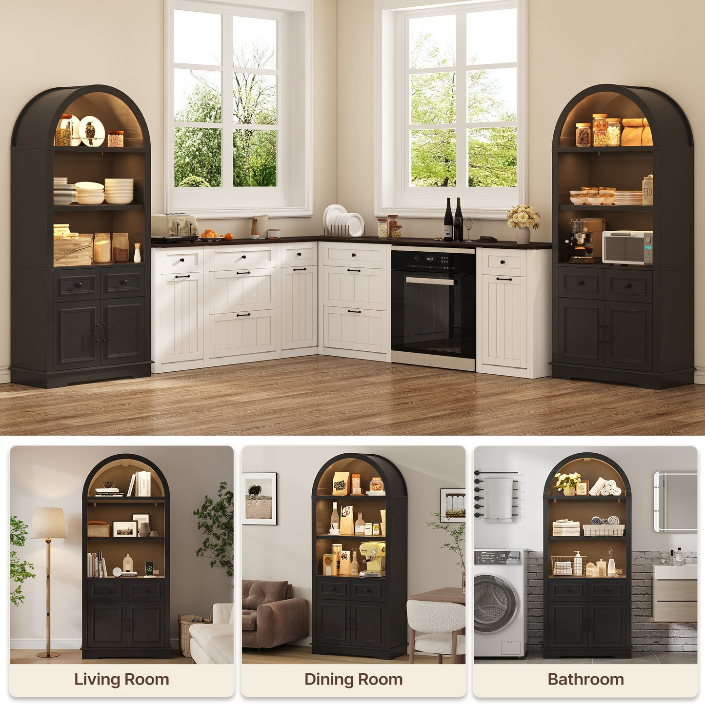 Negylim Arched Top Coffee Bar Cabinet with LED Lights, Wooden Freestanding Beverage Storage Hutch with Open Shelves, 2 Drawers & Closed Cupboard for Kitchen Living Room Home Coffee Station, Black