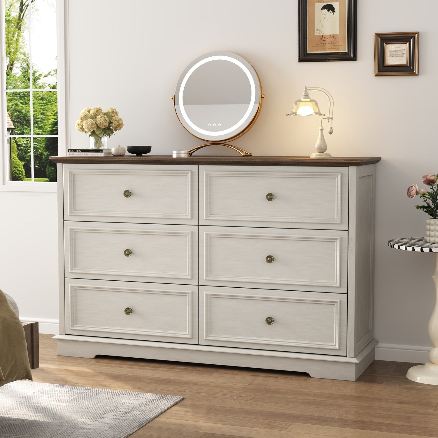6 Drawer Dresser for Bedroom, 50.4" * 15.7" * 35.8" Retro Style Chest of Drawers, Wood Storage Double Dresser with Deep Drawers for Living Room, Hallway Entryway