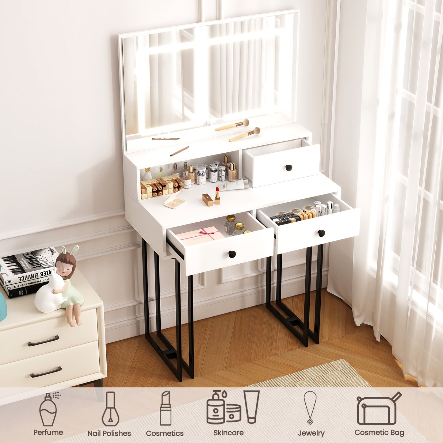 NEGYLIM Vanity with LED Lights and Mirror, White Makeup Vanity Desk with Drawers Dressing Tables Dresser Desk 3 Lighting Color Adjustable