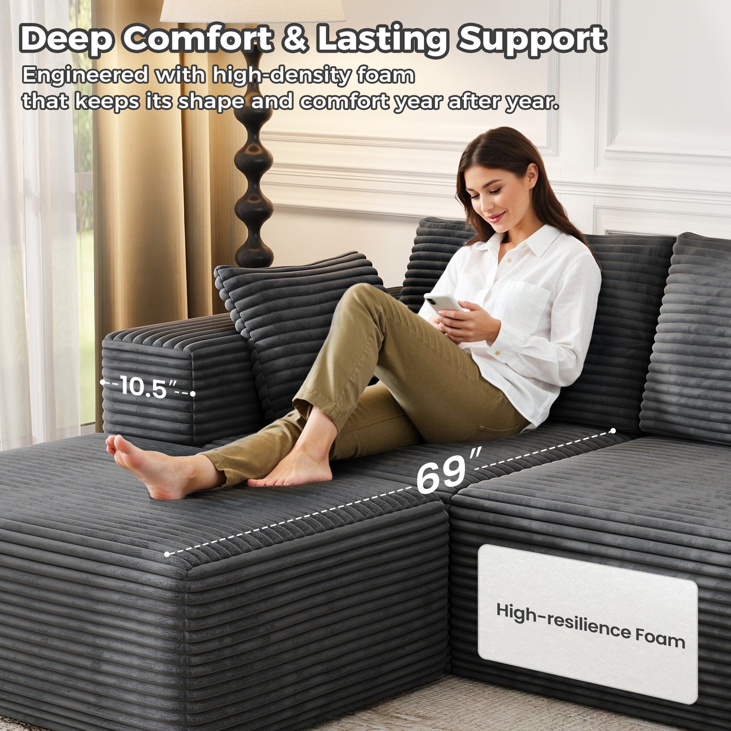 137 Inch Charcoal Cloud Sectional Sofa forf living room , No Sagging Foam U-Shaped Modular Couch, Big Couch Includes 4 Back Cushions & 4 Pillows, No Assembly Required