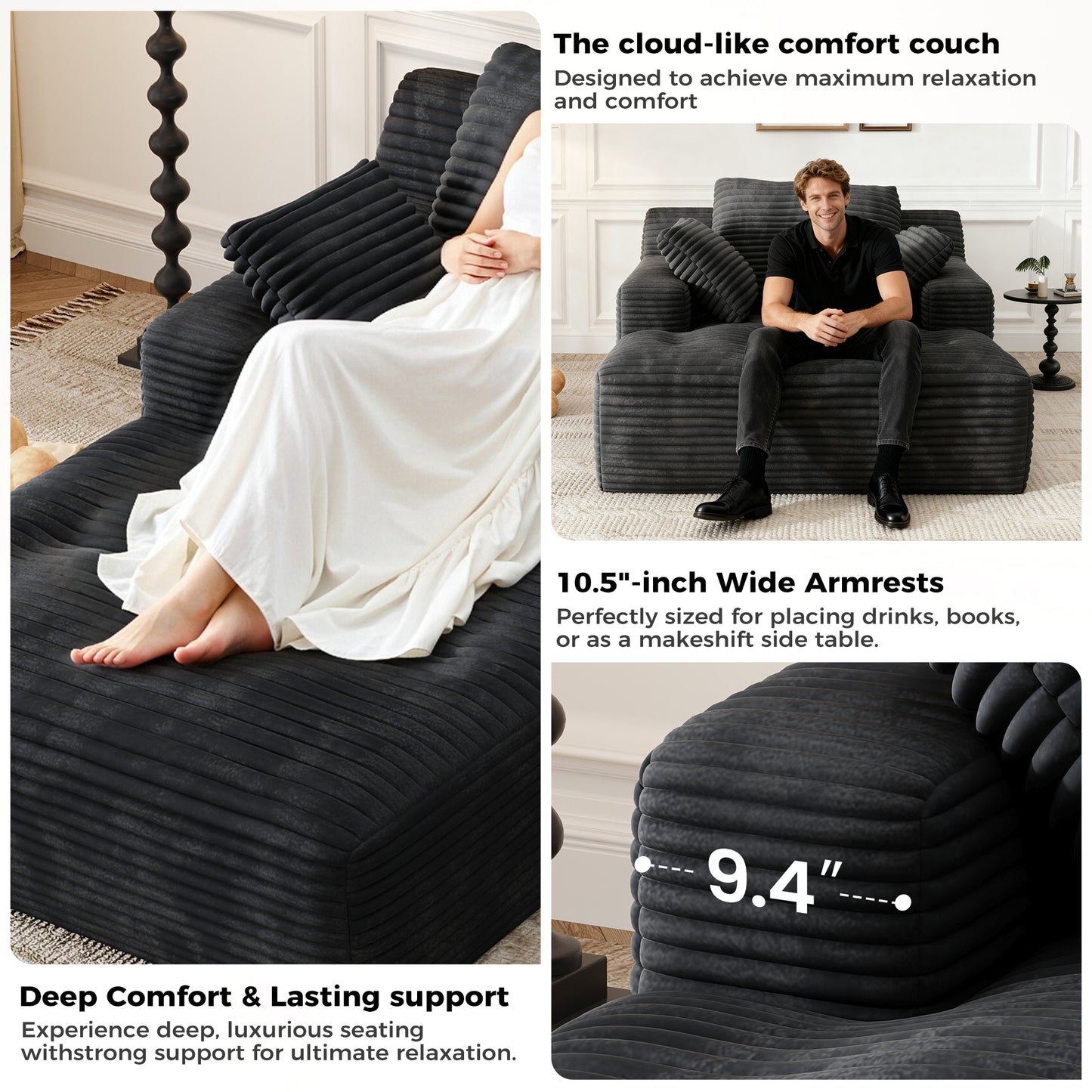 67'' Oversized Chaise Lounge Chair, Cloud Plush Corduroy Sofa Bed for Living Room, Modern Deep Seat Sleeper Couch with Back Cushion, No Assembly Required, (Deep Black)