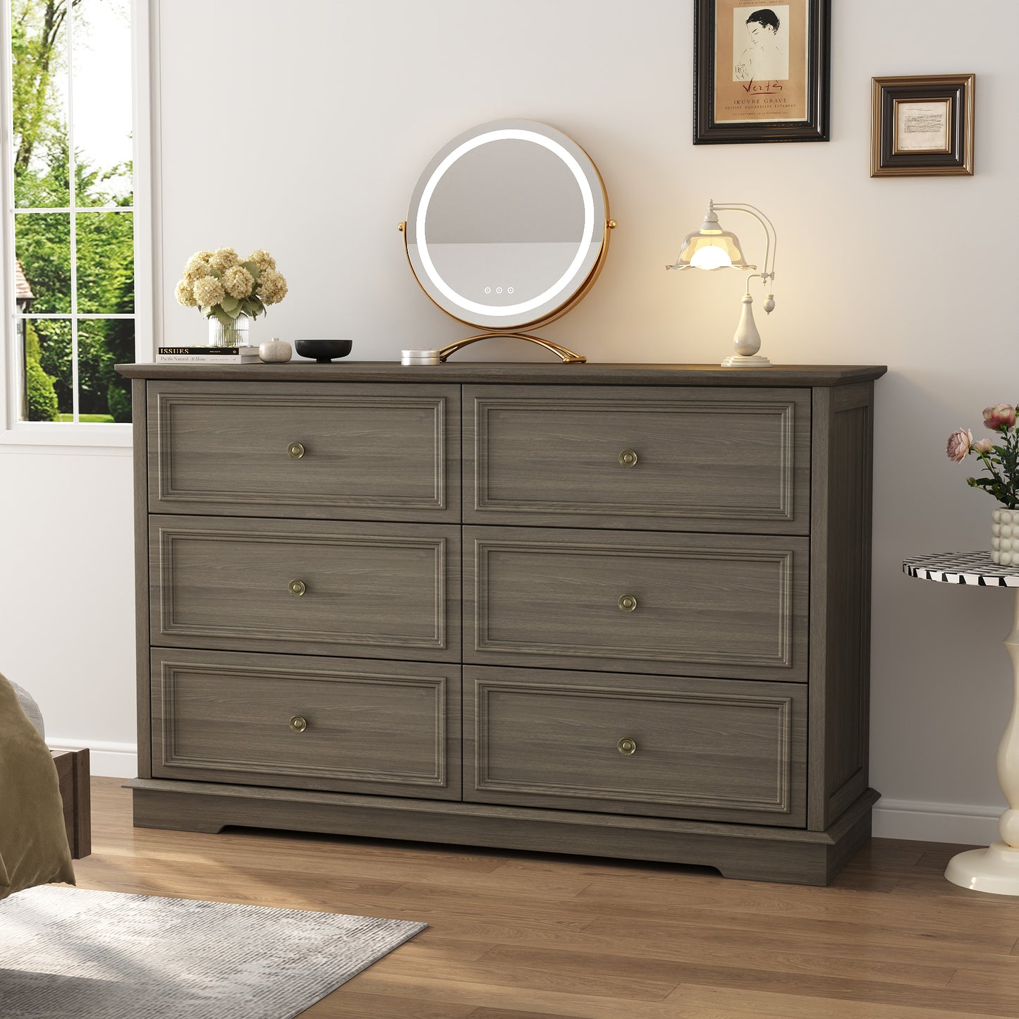 6 Drawer Chest of Drawers, Modern Storage Cabinet Dresser Organizer Unit with Antique Bronze Round Handles for Living Room, Closet, Hallway, Entryway