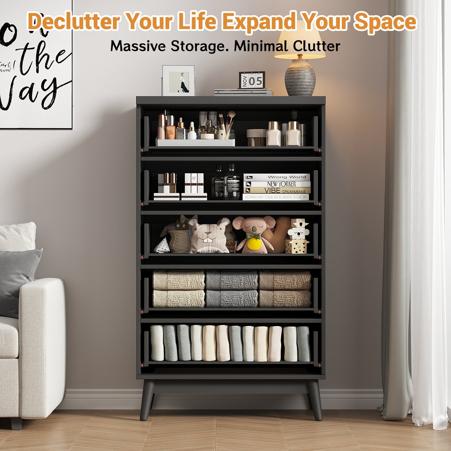 NEGYLIM 5 Drawer Dresser for Bedroom, 47"H Fluted Dresser Modern Chest of Drawers with Metal Handle, Anti-collapse for Living Room, Hallway