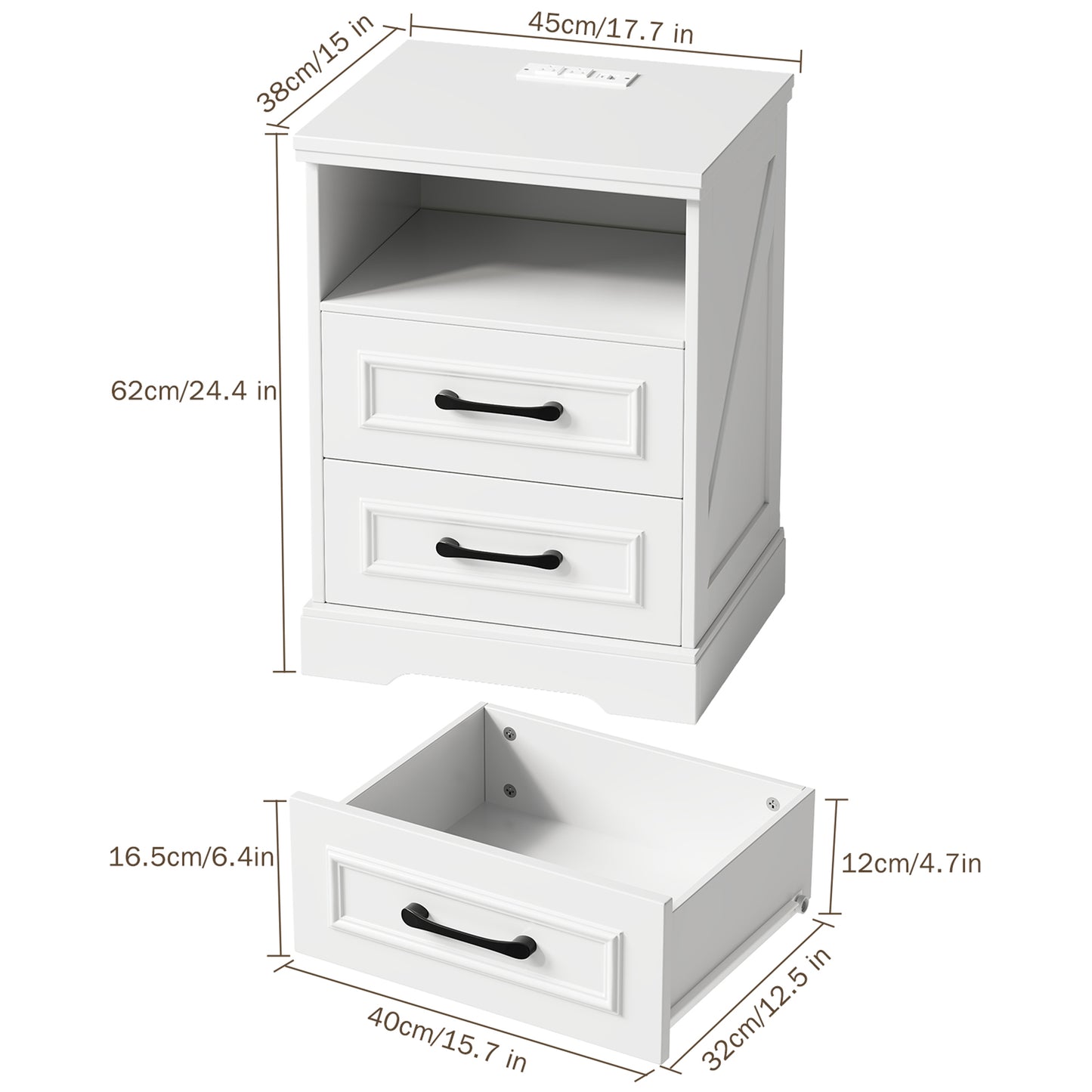 NEGYLIM Nightstand, Farmhouse End Table with Charging Station, 2 Drawers Storage for Bedroom