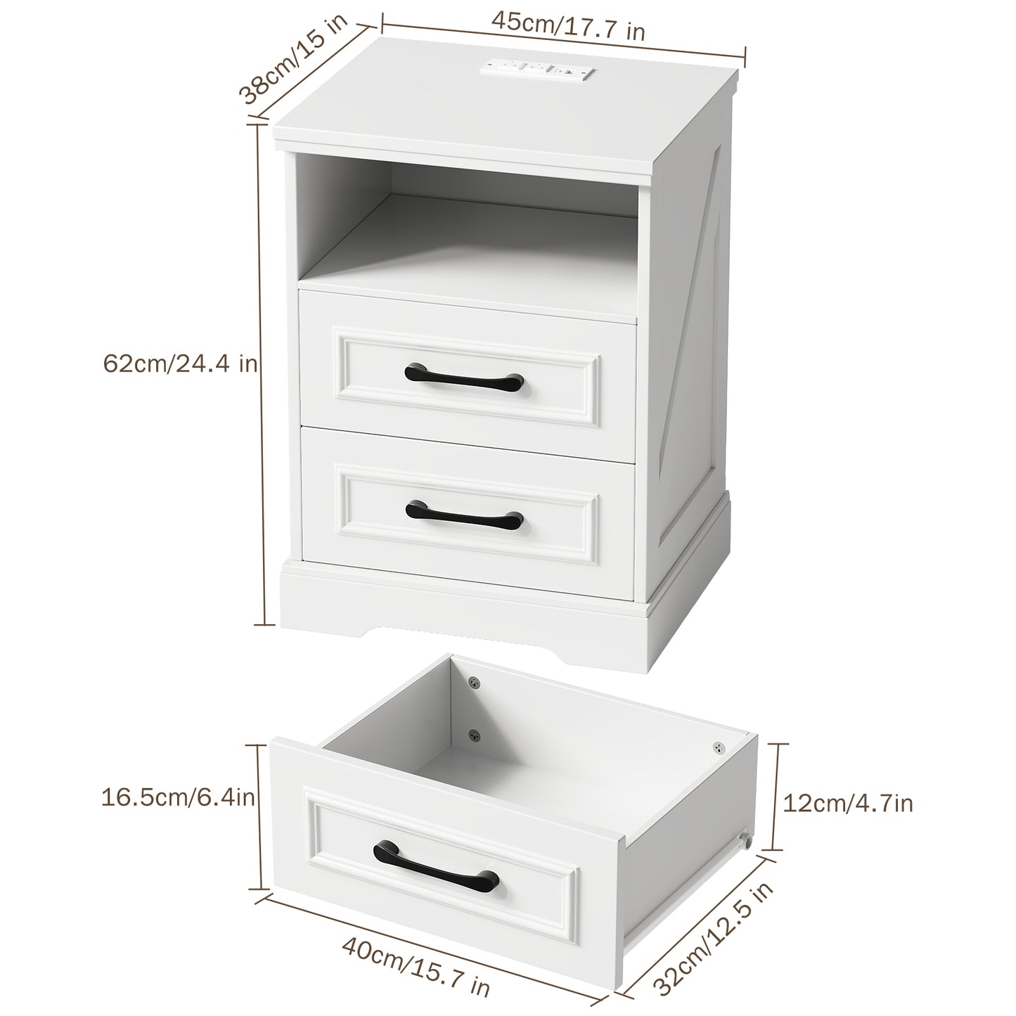 NEGYLIM Nightstand with Drawers for Bedroom, Farmhouse End Table with Charging Station, 2 Drawers Storage for Bedroom, White