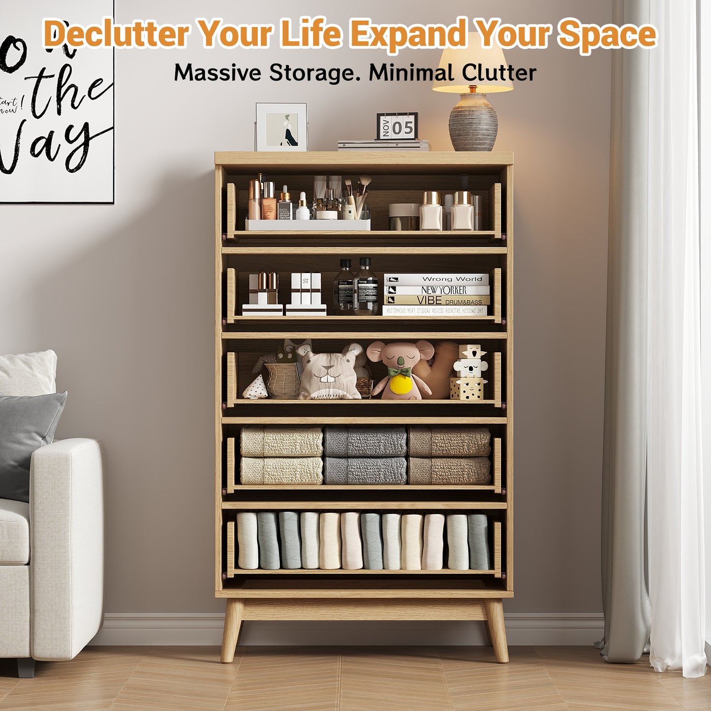 47" Tall 5 Fluted Drawer Dresser, Solid Wood Chest of Drawers with Glossy Handle, Storage Cabinet for Bedroom, Living Room, Entryway