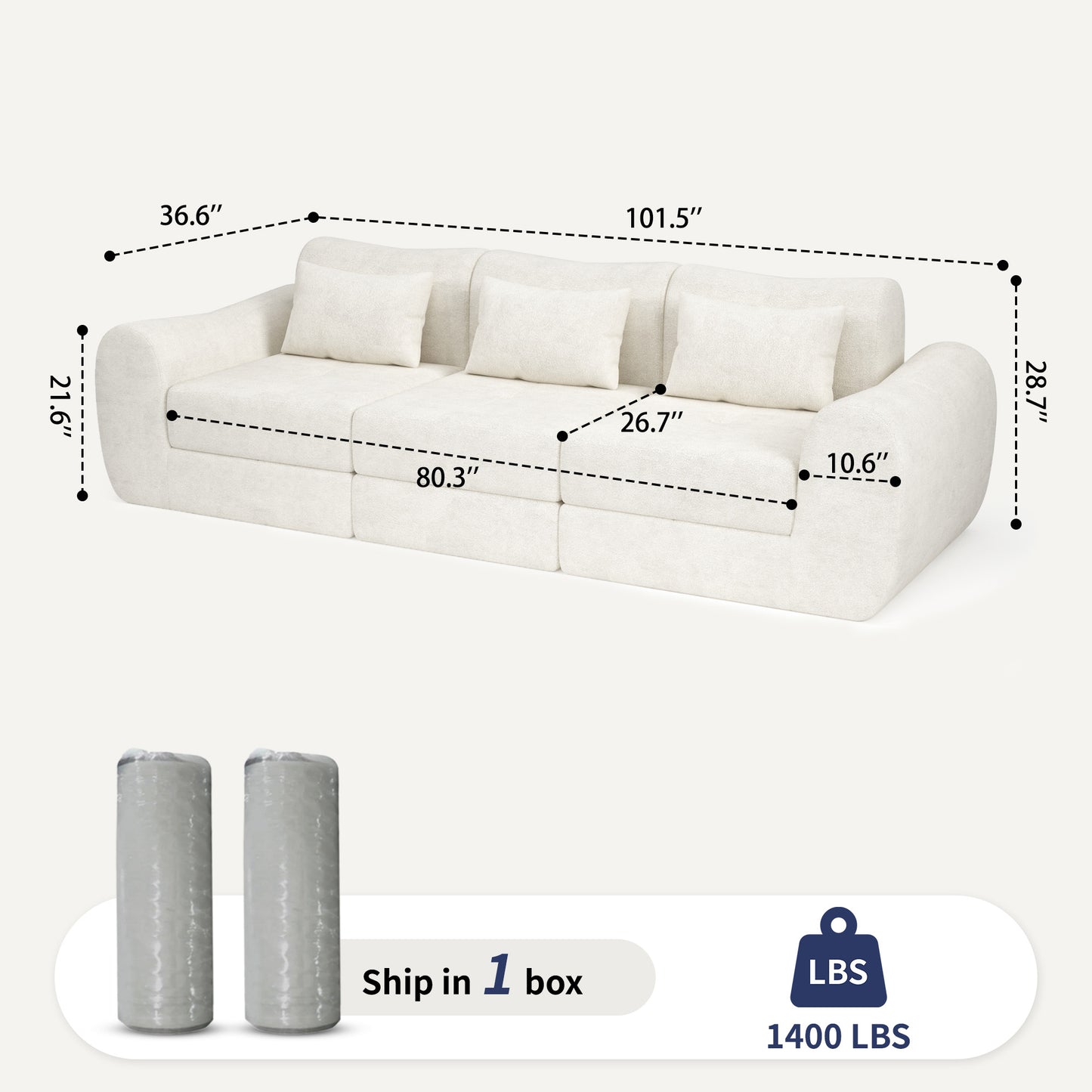NEGYLIM 102" Modular Sectional Sofa, Chenille Cloud Sofa with Throw Pillows, Oversized Deep Seat Couch, Pet Friendly, No Assembly Required, Beige