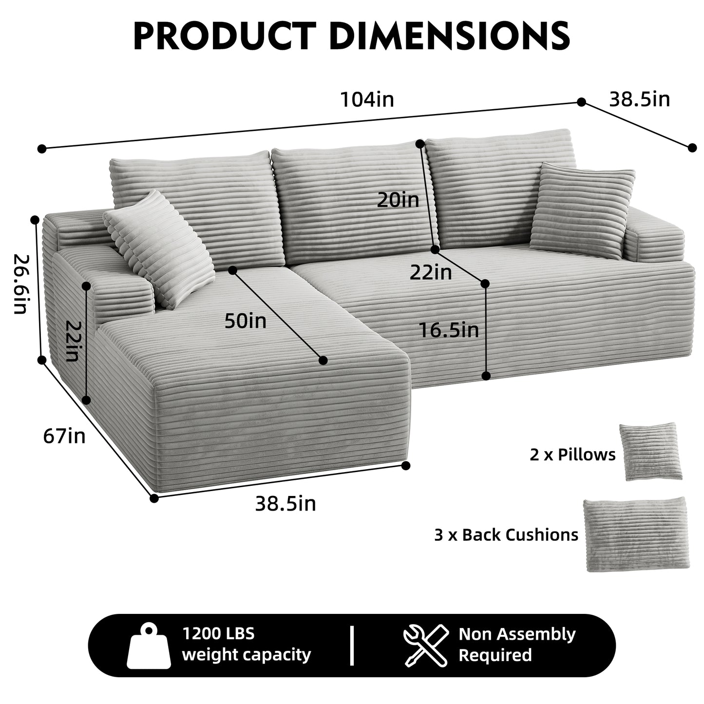 104" Modular L-Shaped Sectional Sofa, No Assembly Required Boneless Sofa with Chaise, High Resilience Foam & Corduroy Fabric, for Living Room Bedroom,(Oyster White)