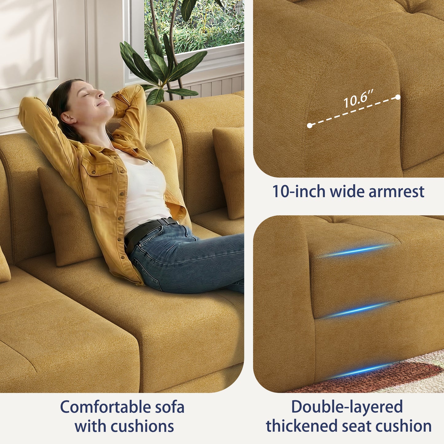 NEGYLIM 102" Modular Sectional Sofa, Chenille Cloud Sofa with Throw Pillows, Oversized Deep Seat Couch, Pet Friendly, No Assembly Required, Mustard Yellow