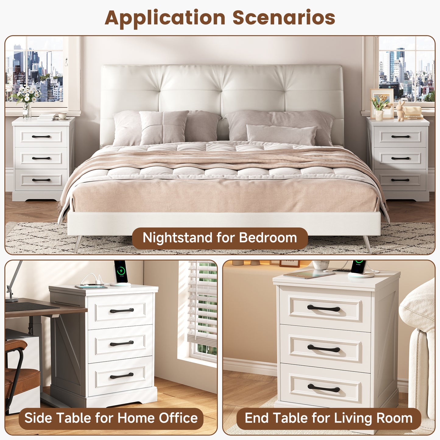 Nightstand, Farmhouse End Table with Charging Station, 3 Drawers Storage for Bedroom