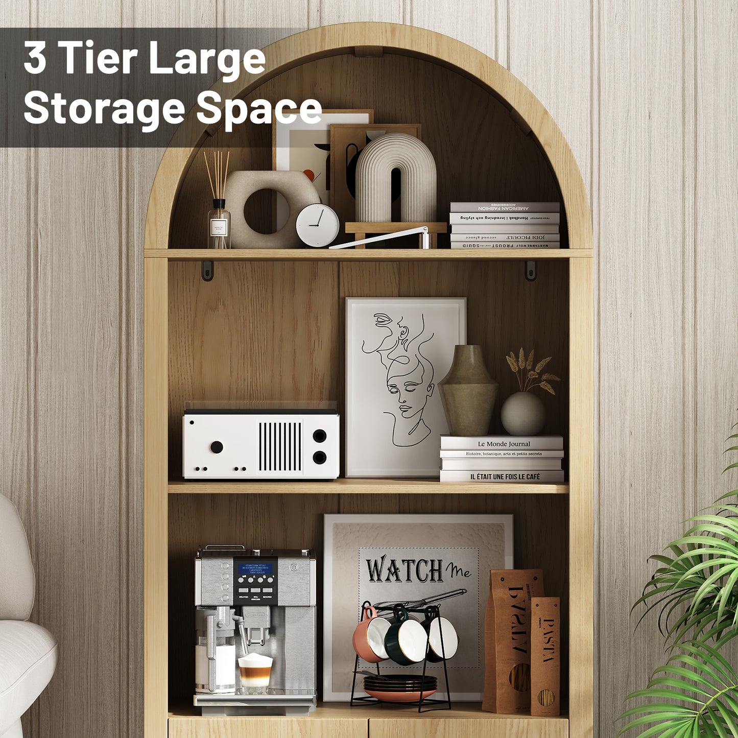 70'' Tall Arched Cabinet, Arched Kitchen Pantry Cabinet with 2 Doors and 5shelves, Open Storage Cabinets Display Bookcase, Versatile Cupboard for Living Room(Wood color)