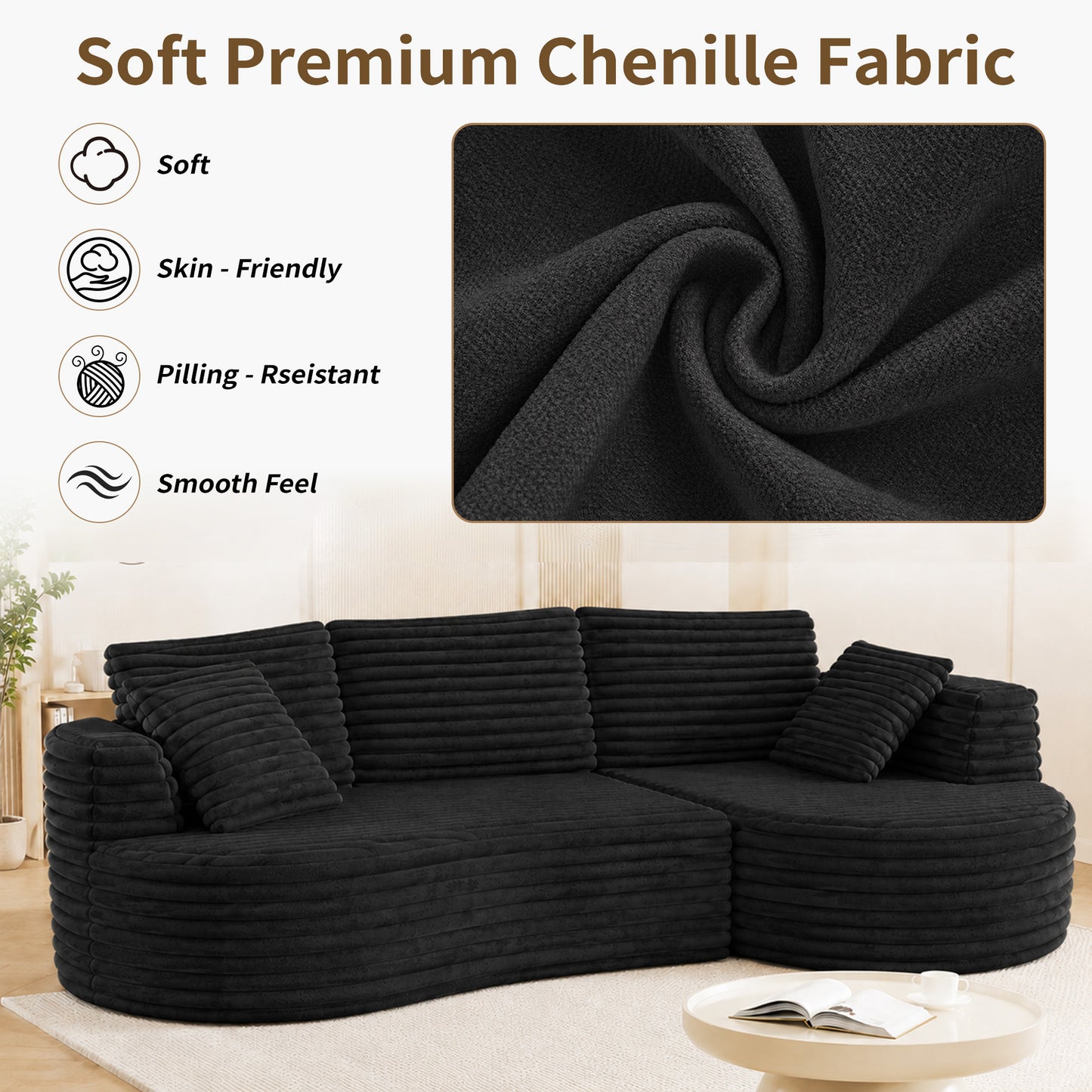 118" Curved Modular Cloud Couch, L-Shape Chaise Sectional Sofa with Plush Deep Seat, Soft Corduroy Upholstered Boneless Sofa for Living Room, No Assembly Needed, Black