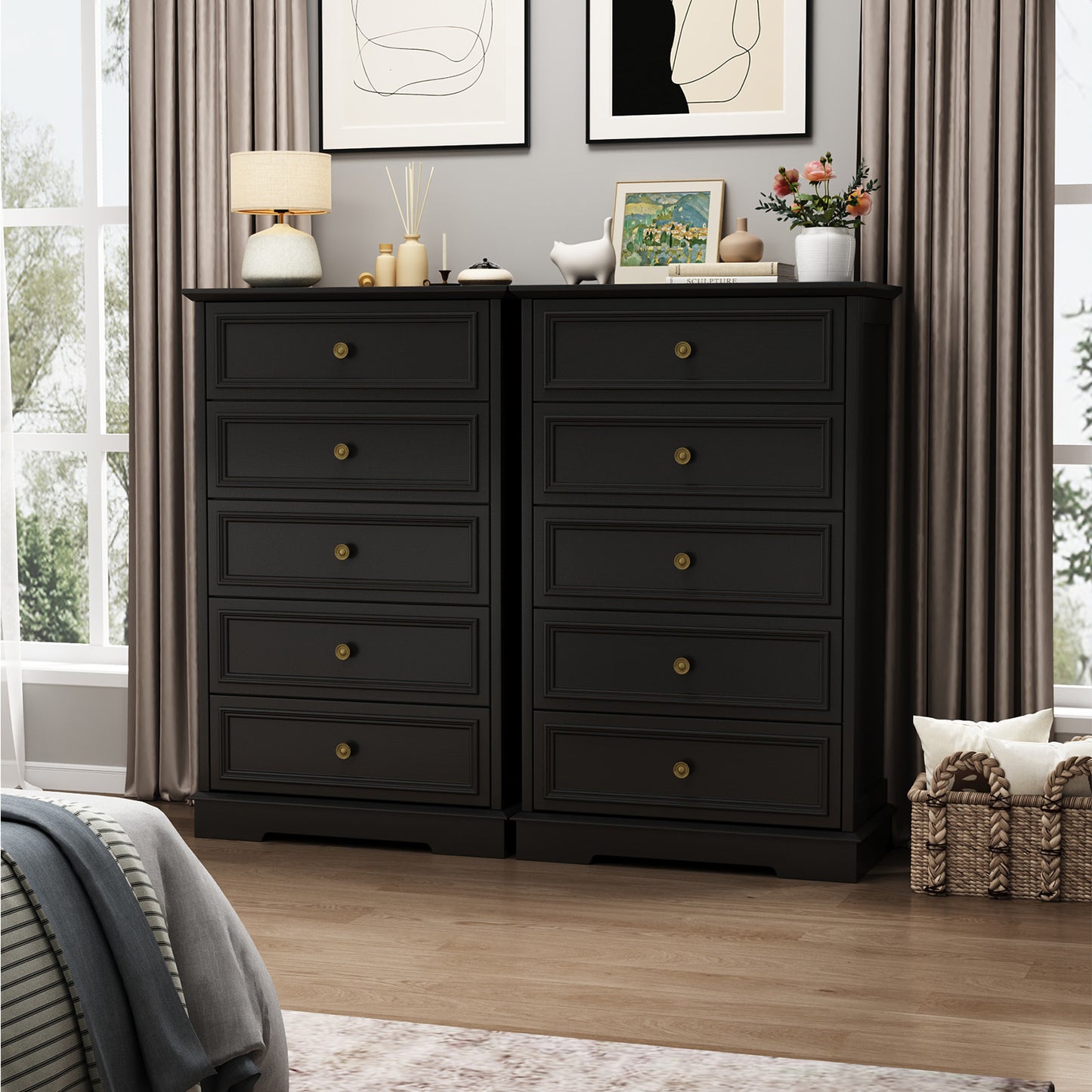 NEGYLIM 5 Drawer Dresser, Chest of Drawers for Bedroom, Modern Storage Cabinet Dresser Organizer Unit with Antique Bronze Round Handles for Living Room, Closet, Hallway, Entryway