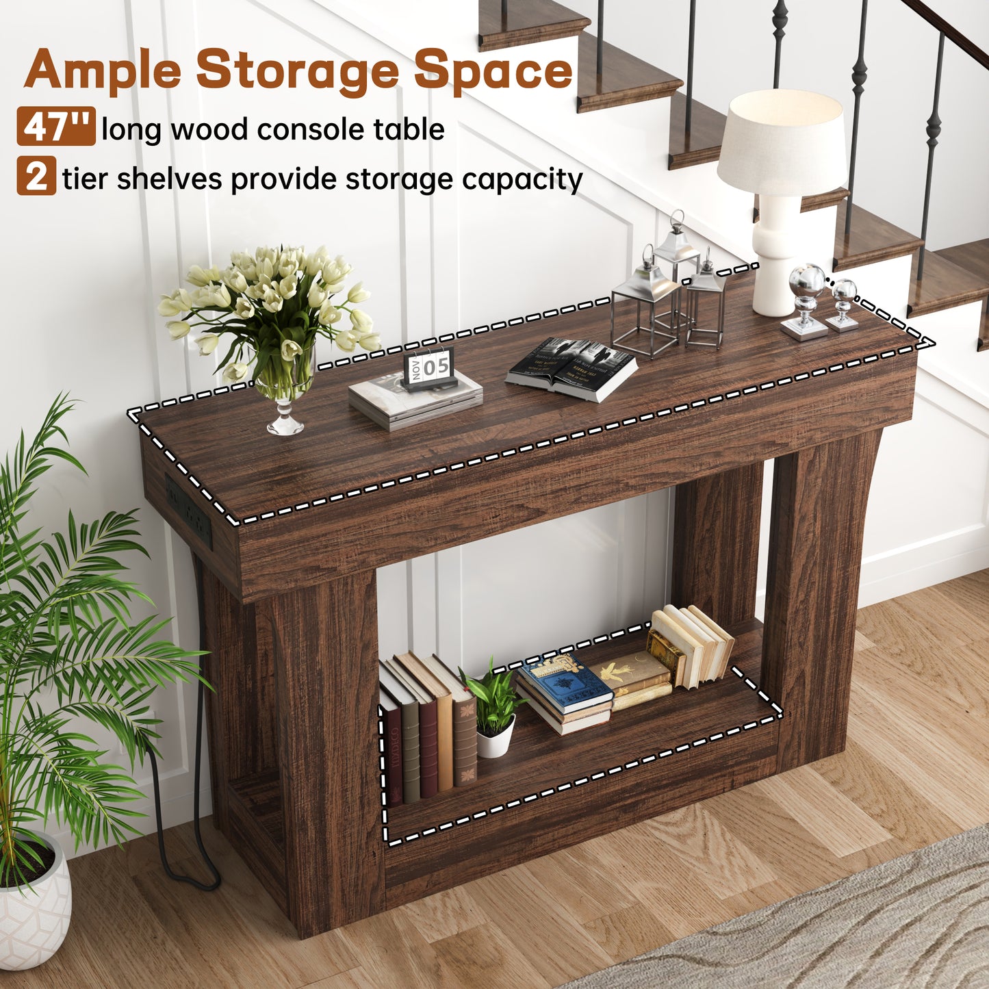 47" Console Table with Charging Station, Farmhouse Natural Entryway & Hallway Table for Living Room & Bedroom, Brown