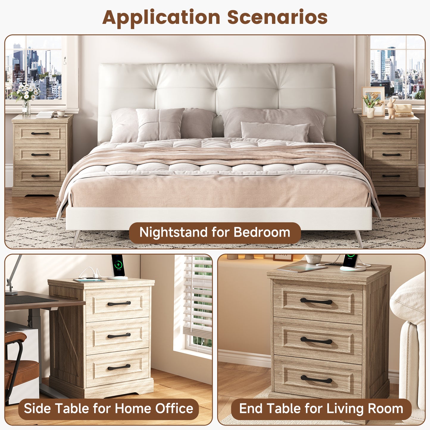 NEGYLIM Nightstand, Farmhouse End Table with Charging Station, 3 Drawers Storage for Bedroom