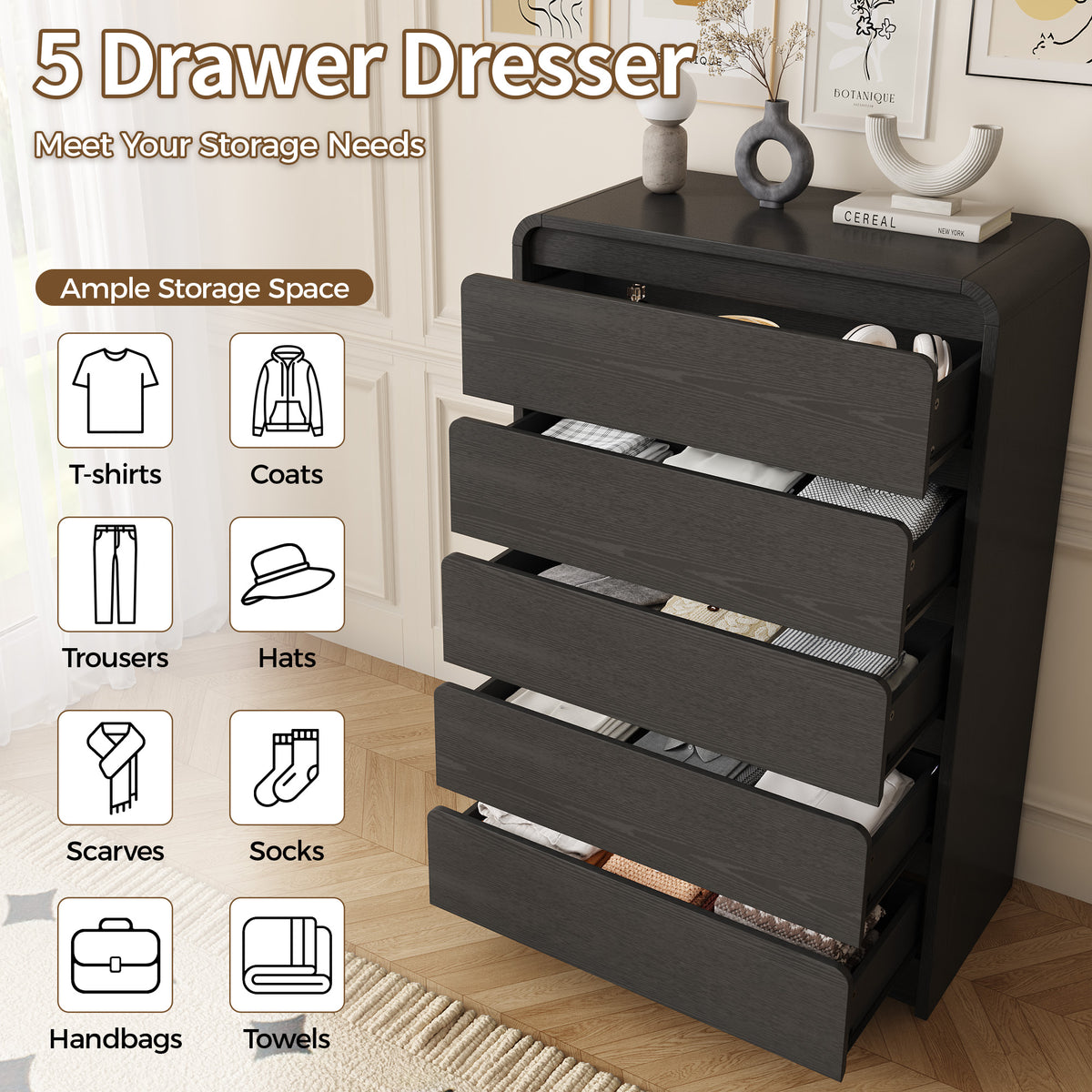 3-Piece Black Dresser Set, 6 Drawer Dresser, 5 Drawer Dresser & Nightstand, Modern Chest of Drawers, Tall dresser for Bedroom Living Room Hallway Entryway,(Black)