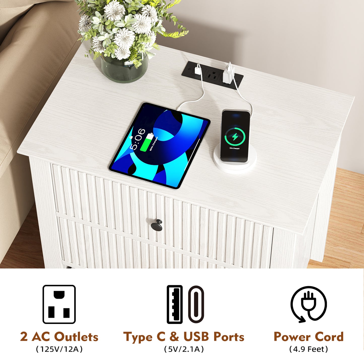 Modern Nightstand with Charging Station & 3 Drawers, 24 Inch Wide Bedside Table Set of 2 for Bedroom and Living Room, Large Storage End Table with Fluted Design, White