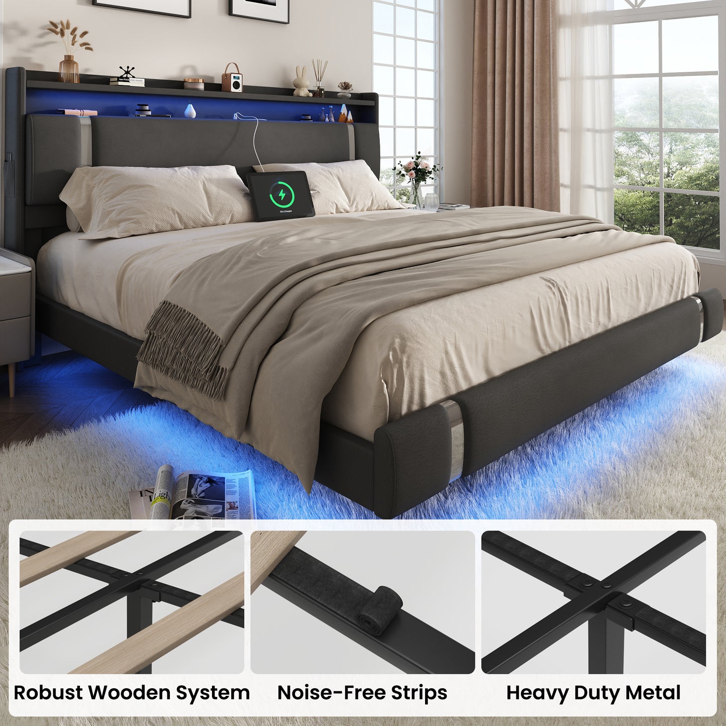 NEGYLIM Floating Bed Frame King Size with LED Lights, Easy to Assemble, Metal Platform Bed with Storage Headboard, No Box Spring Needed, White