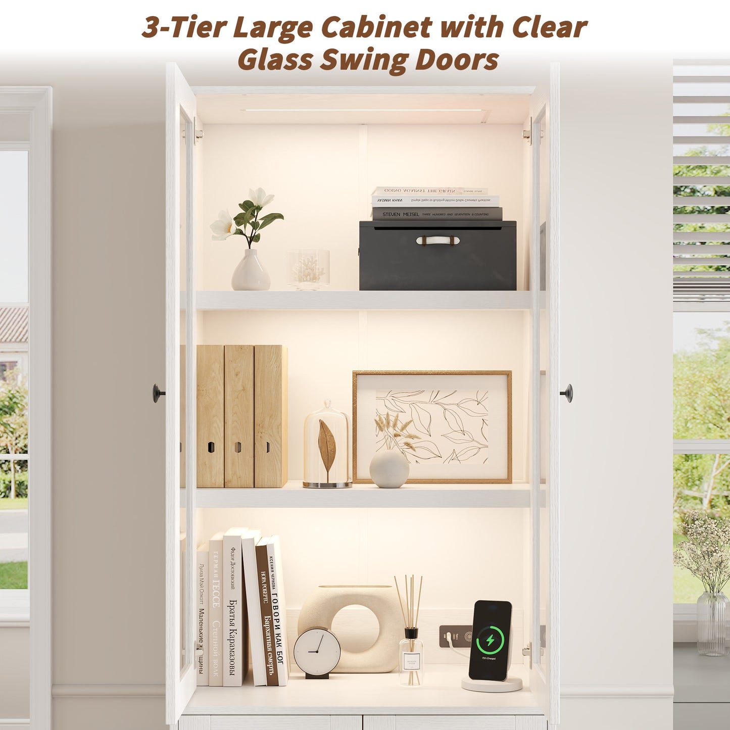 2Pcs 71" Bookshelf with Storage, Modern Bookshelves with 3 Large Drawer, Display Bookcase with Glass Doors, Modern DIY Mix Cabinet for Home Office, Dining Room (White, BA)