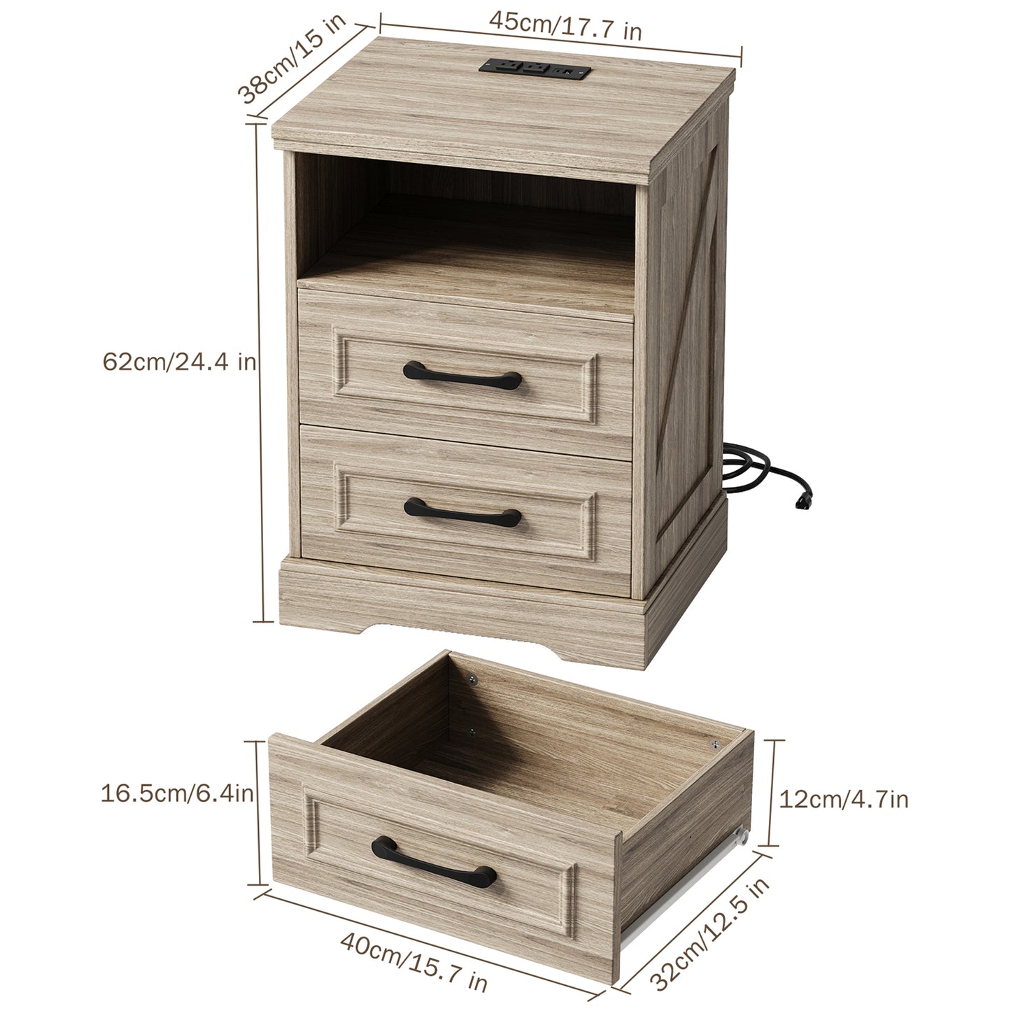 NEGYLIM 2-Piece Nightstand, Farmhouse End Table with Charging Station, 2 Drawers Storage for Bedroom