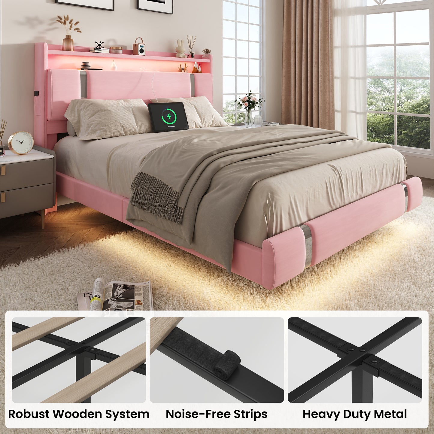 NEGYLIM Floating Bed Frame Twin Size with LED Lights, Easy to Assemble, Metal Platform Bed with Storage Headboard, No Box Spring Needed, Pink