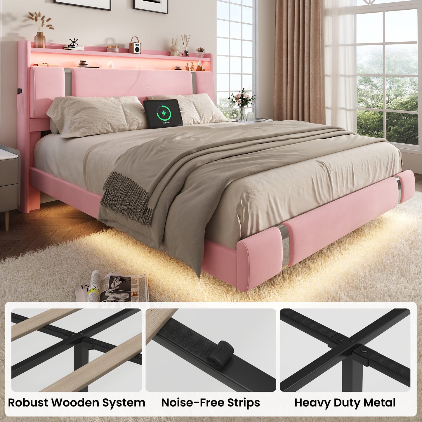 NEGYLIM Floating Bed Frame Queen Size with LED Lights, Easy to Assemble, Metal Platform Bed with Storage Headboard, No Box Spring Needed, Pink