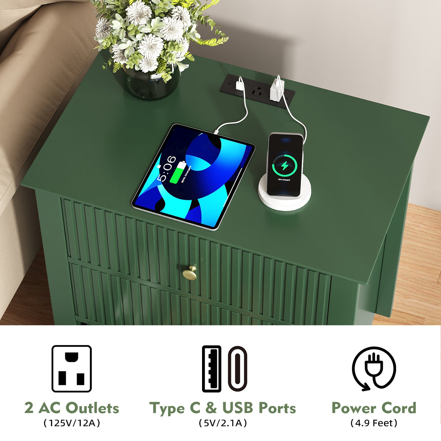 Modern Nightstand with Charging Station & 3 Drawers, 24 Inch Wide Bedside Table Set of 2 for Bedroom and Living Room, Large Storage End Table with Fluted Design, Green
