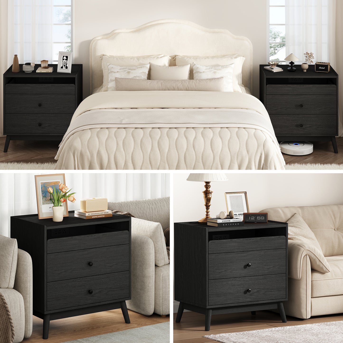 NEGYLIM 3-Drawer Nightstand with Hidden Charging Station, Wood Bedside Table 25" Height x 24" Width, Bedroom Furniture End Table, Black 1-Pcs